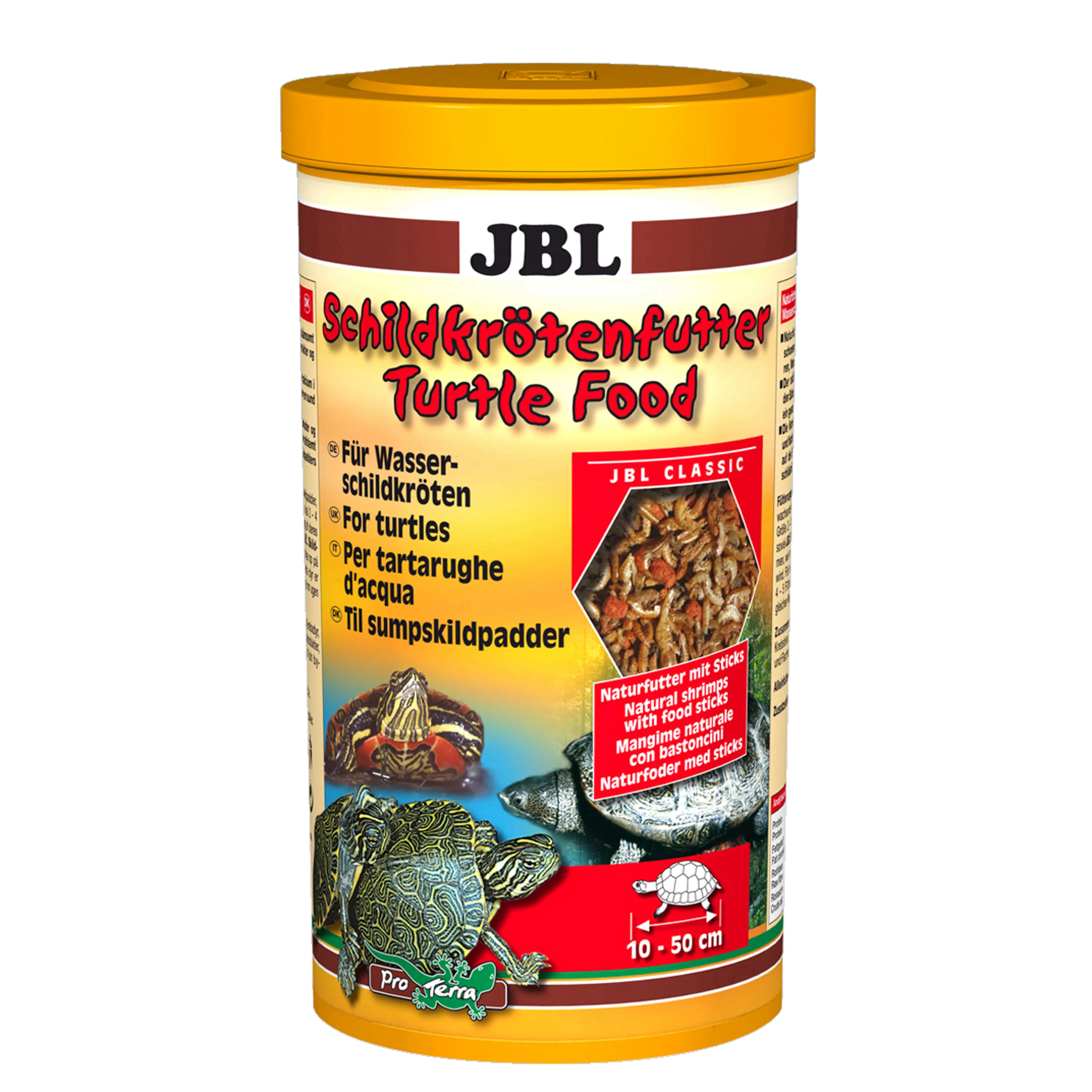 Specially formulated for the nutritional needs of aquatic and marsh turtles: natural food with fish-based food sticks for turtles measuring 10–50 cm in length.