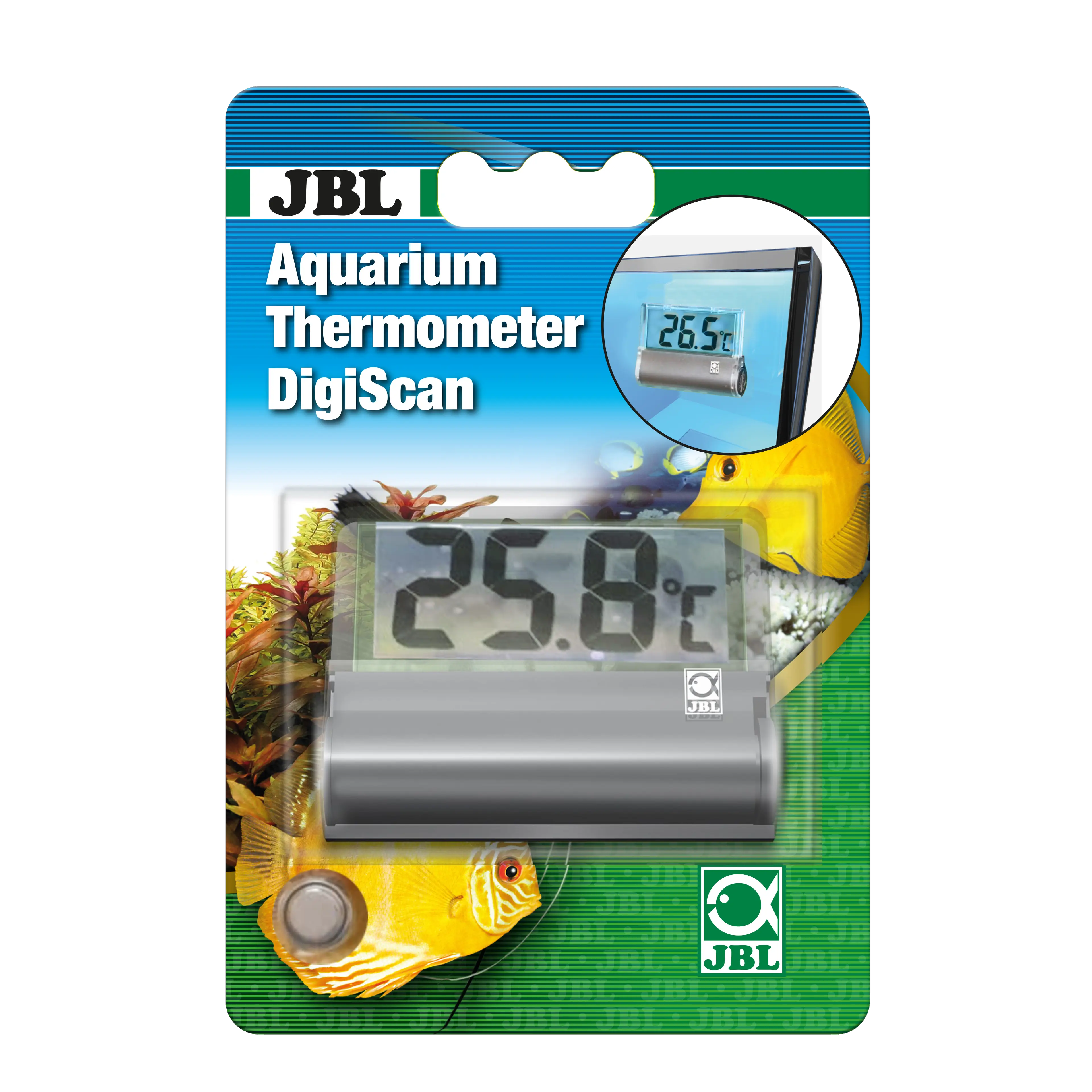 Digital aquarium thermometer that displays water temperatures from 0-40 °C in 0.1 °C increments.
