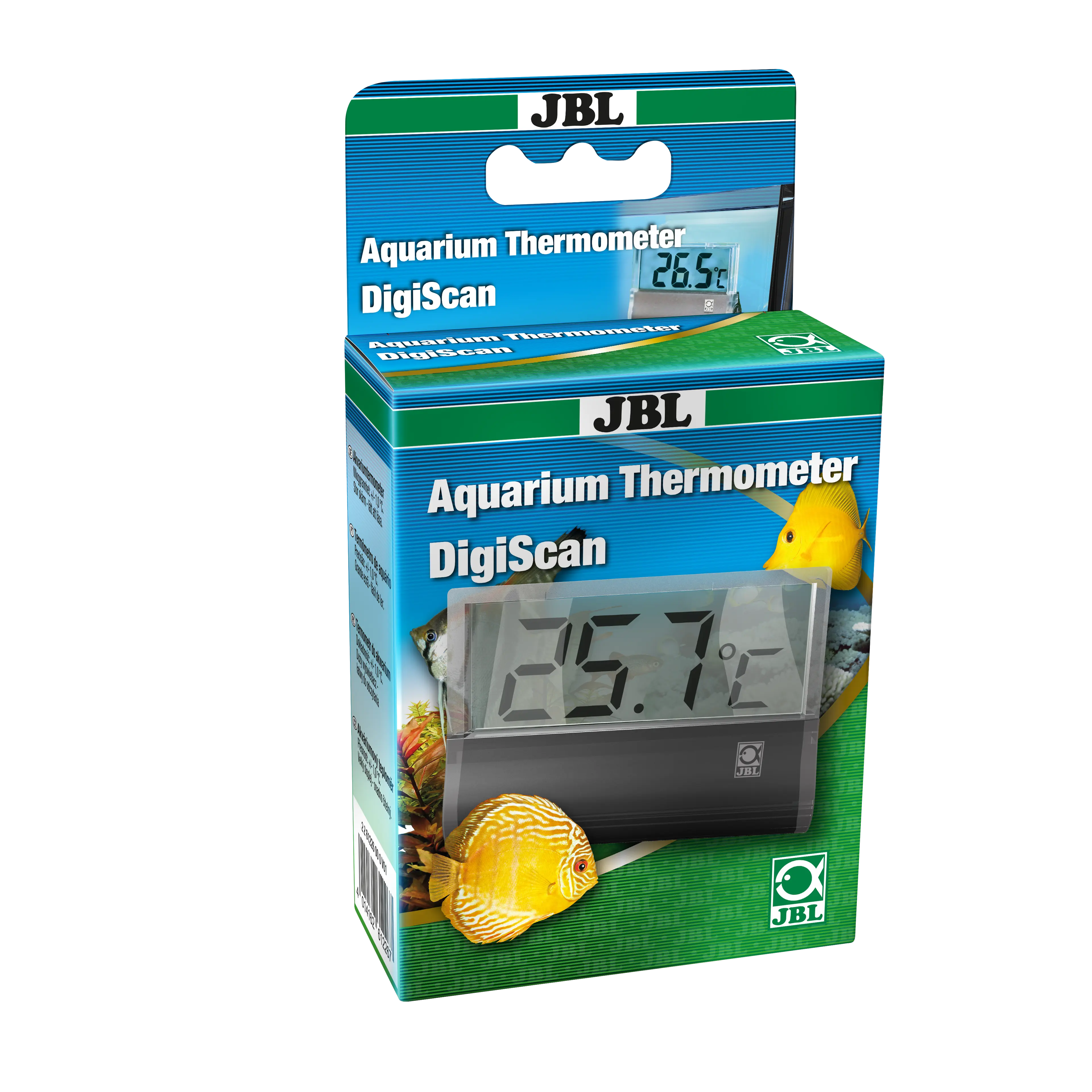 Digital aquarium thermometer that displays water temperatures from 0-40 °C in 0.1 °C increments.
