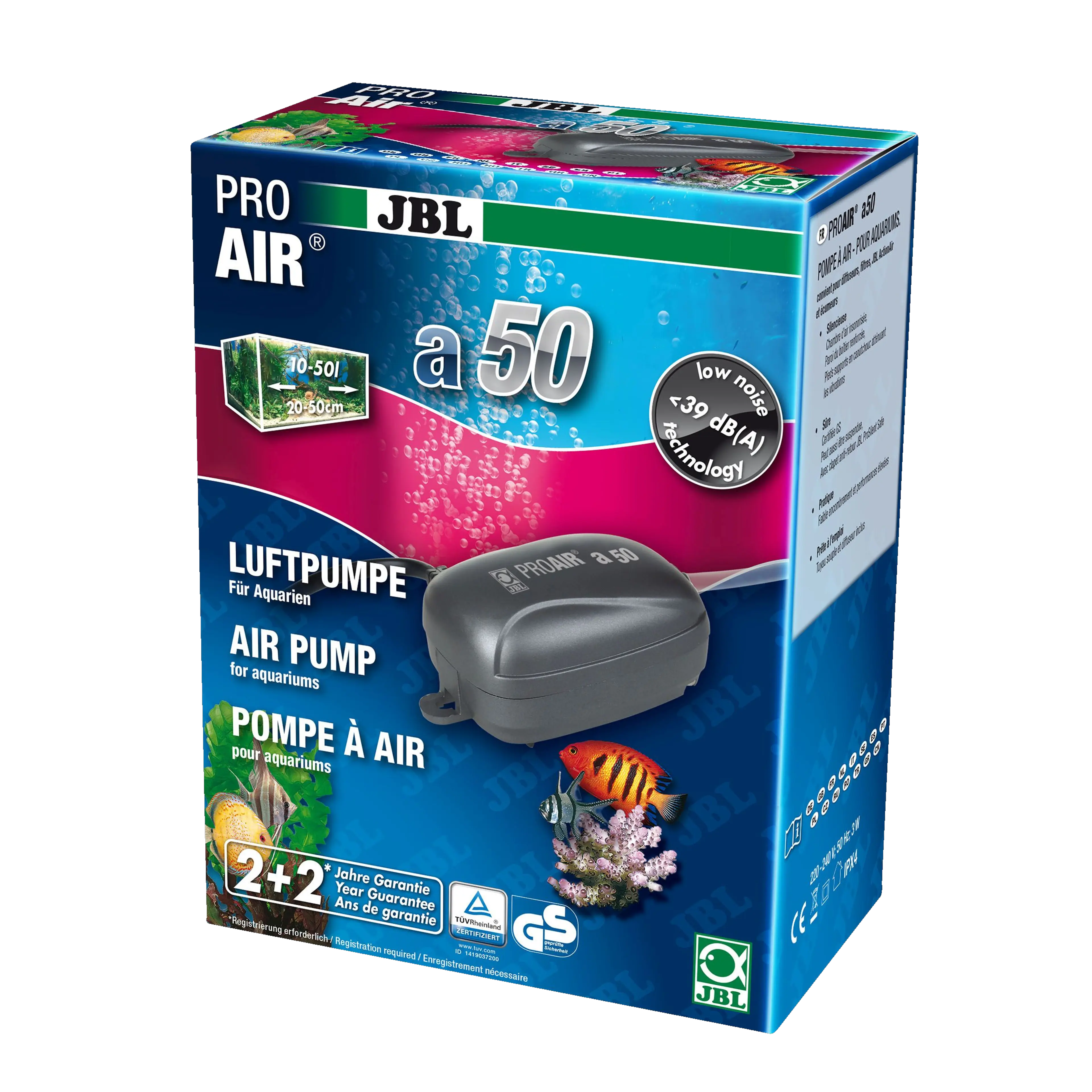 For a reliable oxygen supply in aquariums: Ready-to-connect membrane air pump with non-return valve and air stone – 50 l/h air output,  > 160 mbar air pressure, 2.3 W power consumption