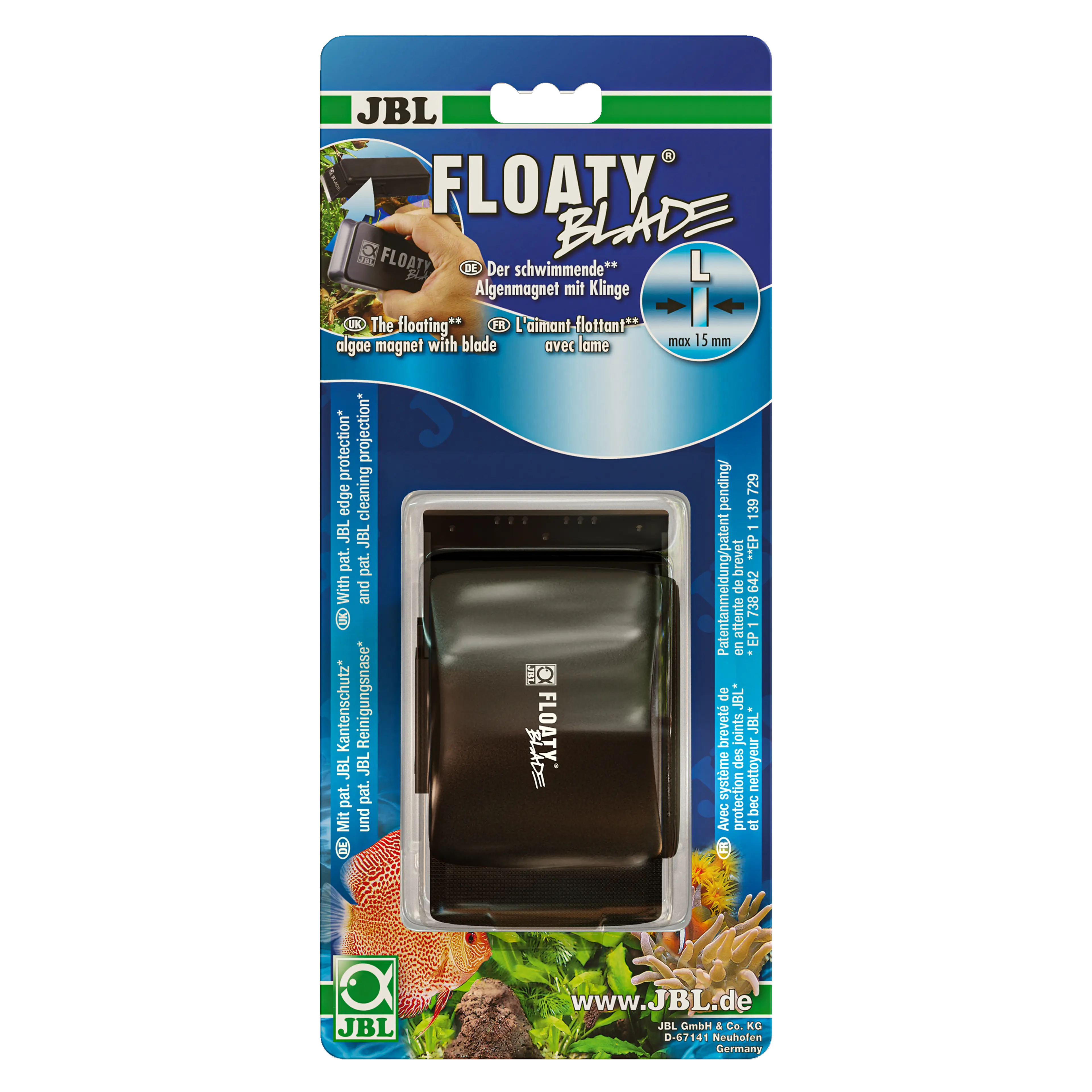 Convenient and effective cleaning of aquarium panes from 8 to 25 mm thick: pane cleaning magnet with blade and floating inner element. Also suitable for curved panes.