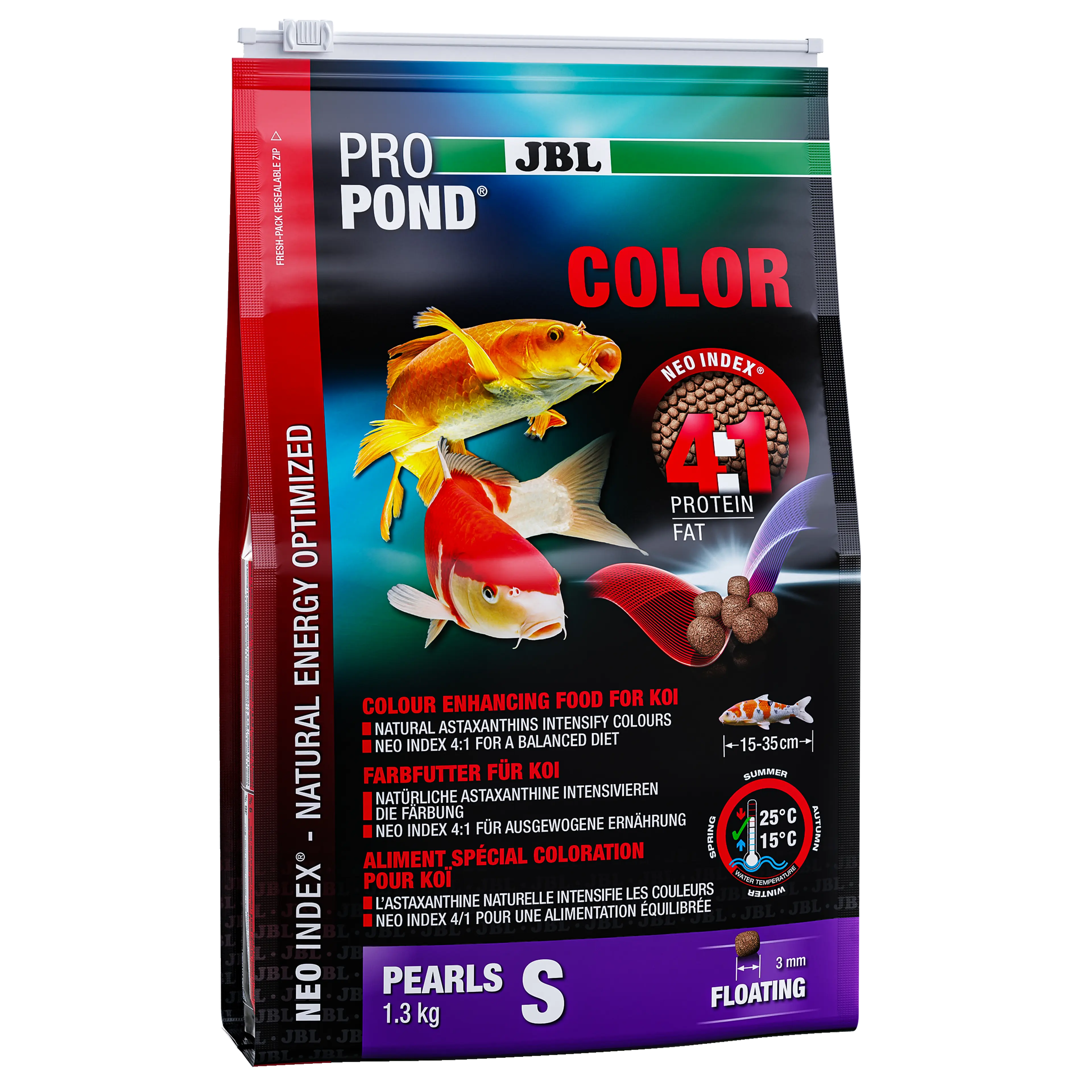 Complete food with the correct protein-fat ratio of 4:1 according to the NEO Index, which takes into account water temperature, function, animal size and age.