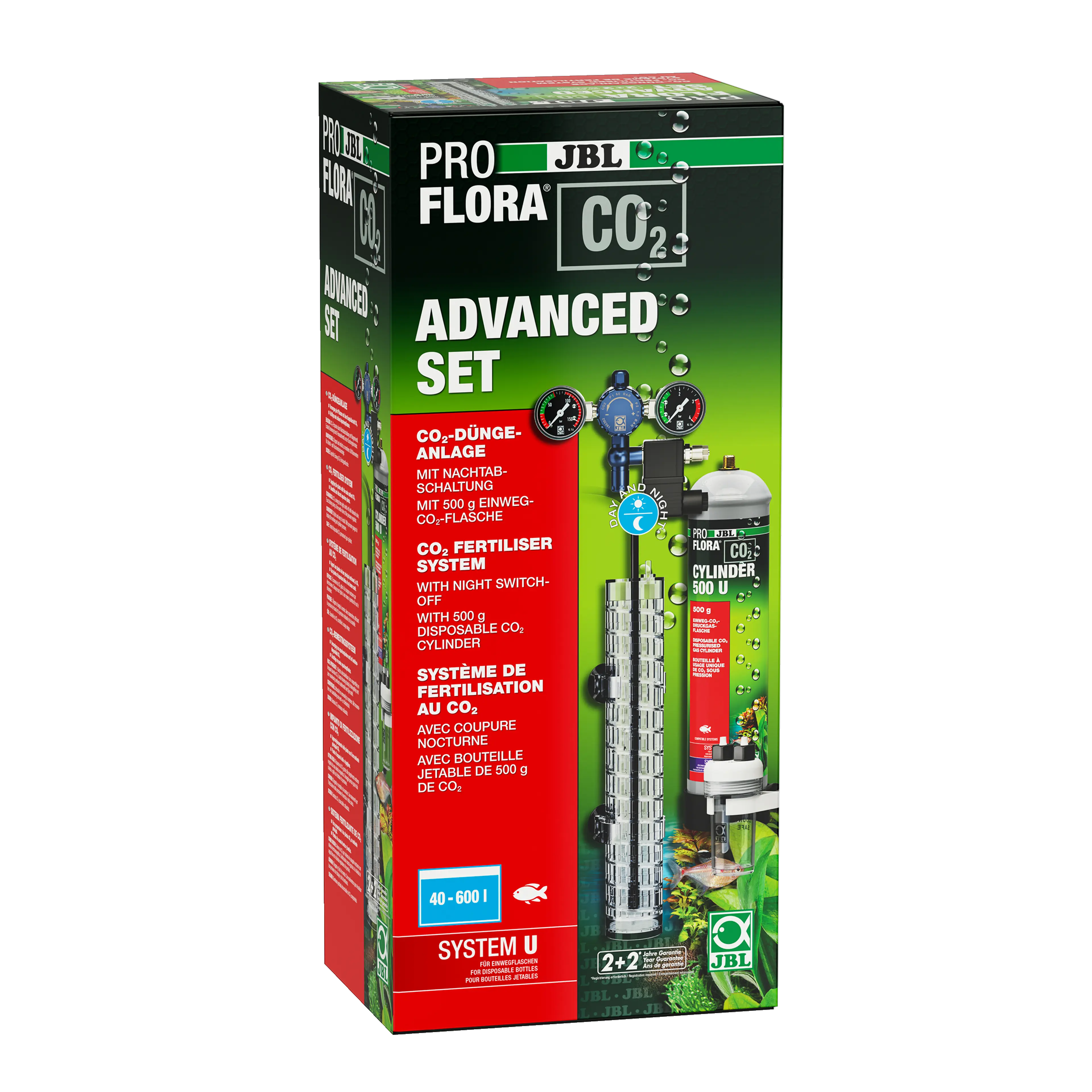 Ready-to-connect CO2 fertiliser system with solenoid valve for night-time shut-off for optimal supply to all aquarium plants in freshwater aquariums from 40 to 600 litres, thus preventing algae growth.