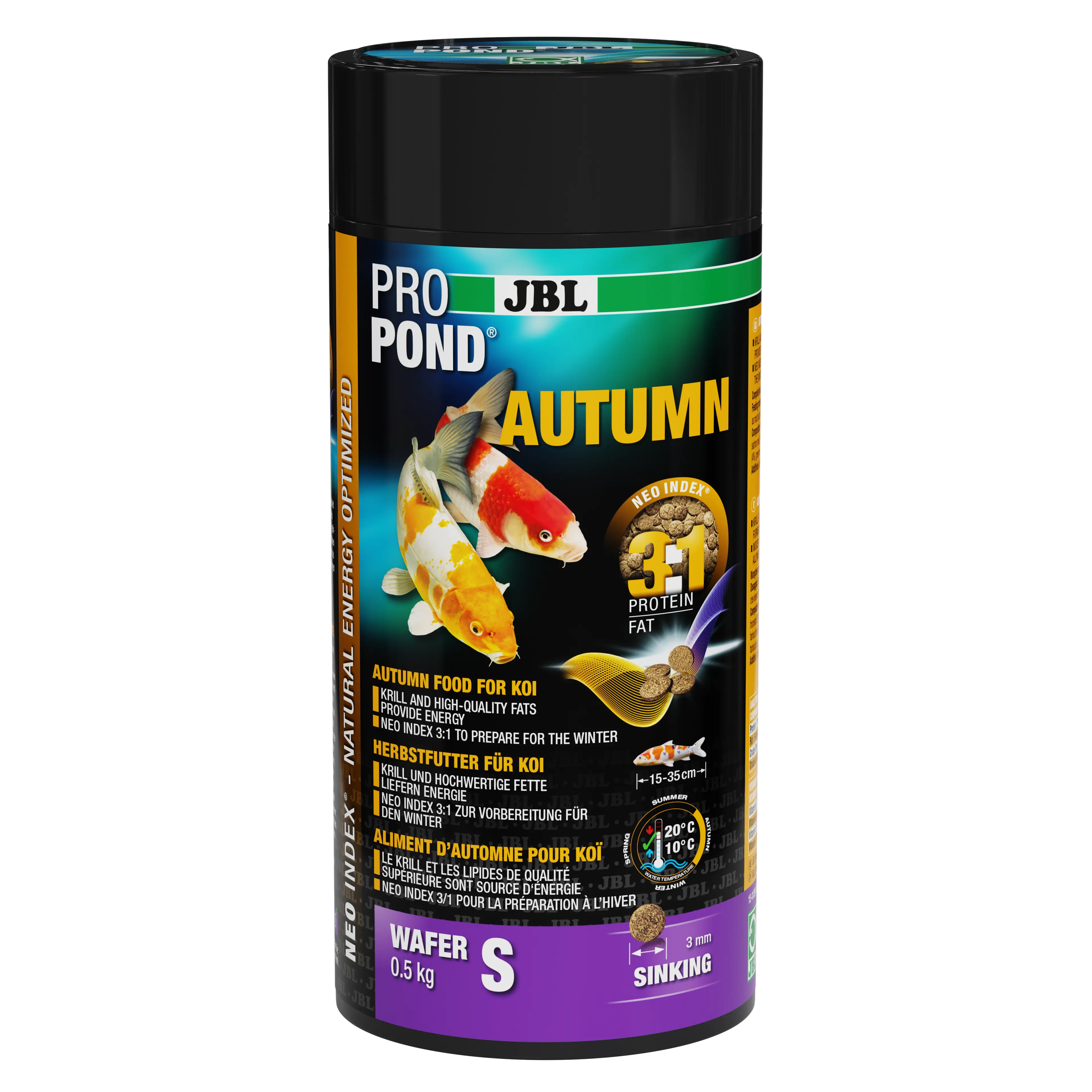 Complete feed with the correct protein-fat ratio of 3:1 according to the NEO Index, which takes into account water temperature, function, animal size and age.
