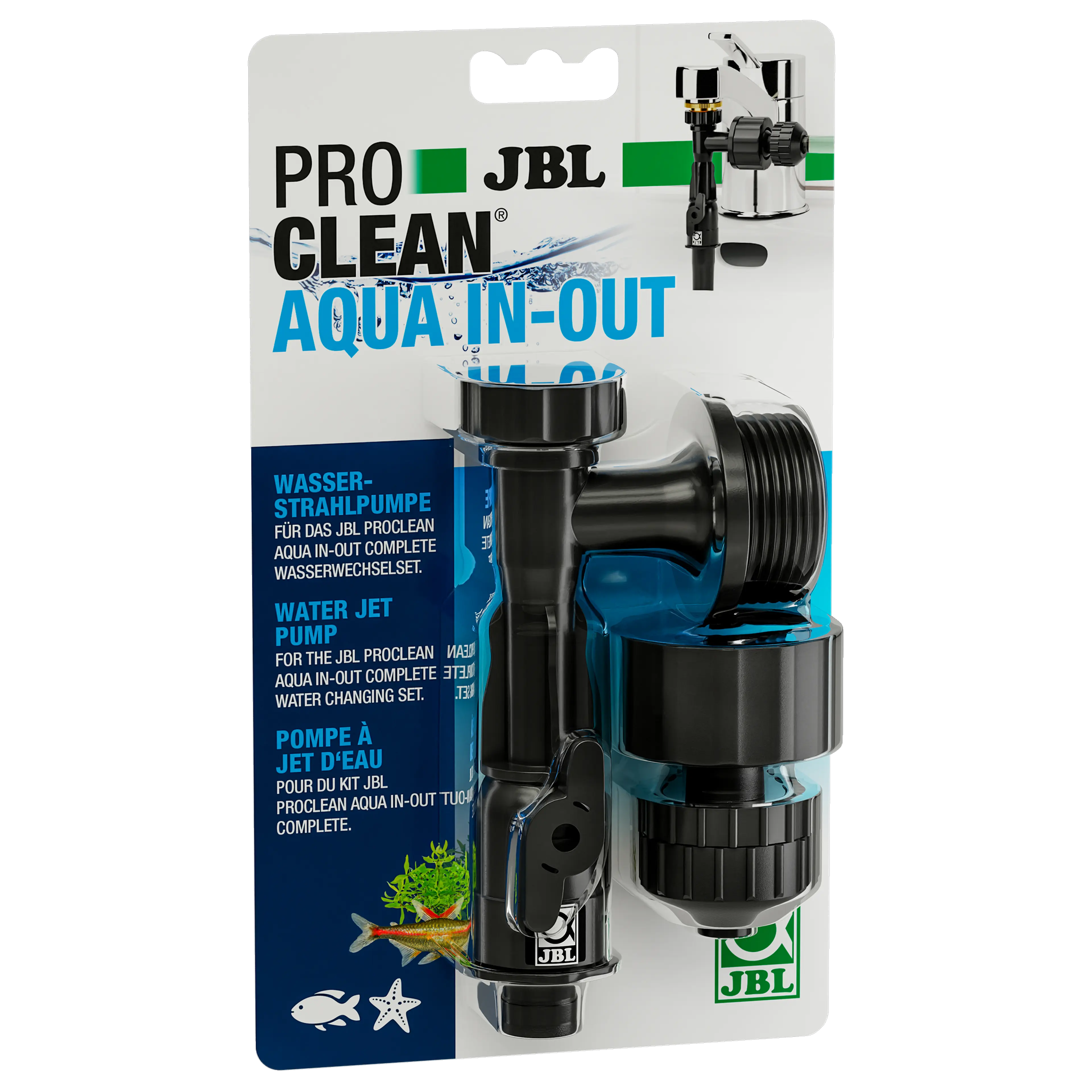 The pump, which is screwed onto the tap, creates suction through the flowing tap water, allowing water to be sucked out of the aquarium through a hose. After switching a lever, it can be refilled.