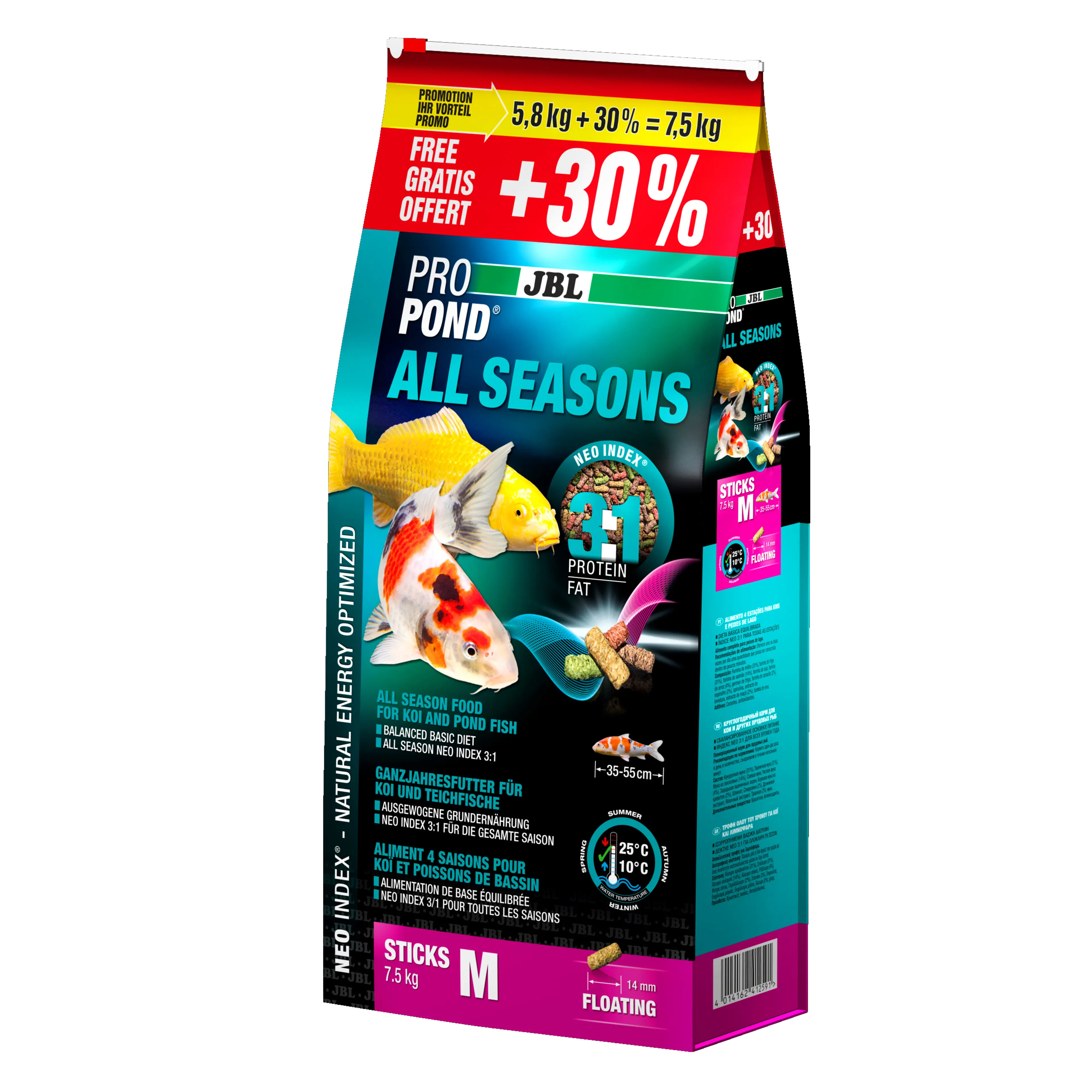 Complete feed with the correct protein-fat ratio of 3:1 according to the NEO Index, which takes into account water temperature, function, animal size and age.