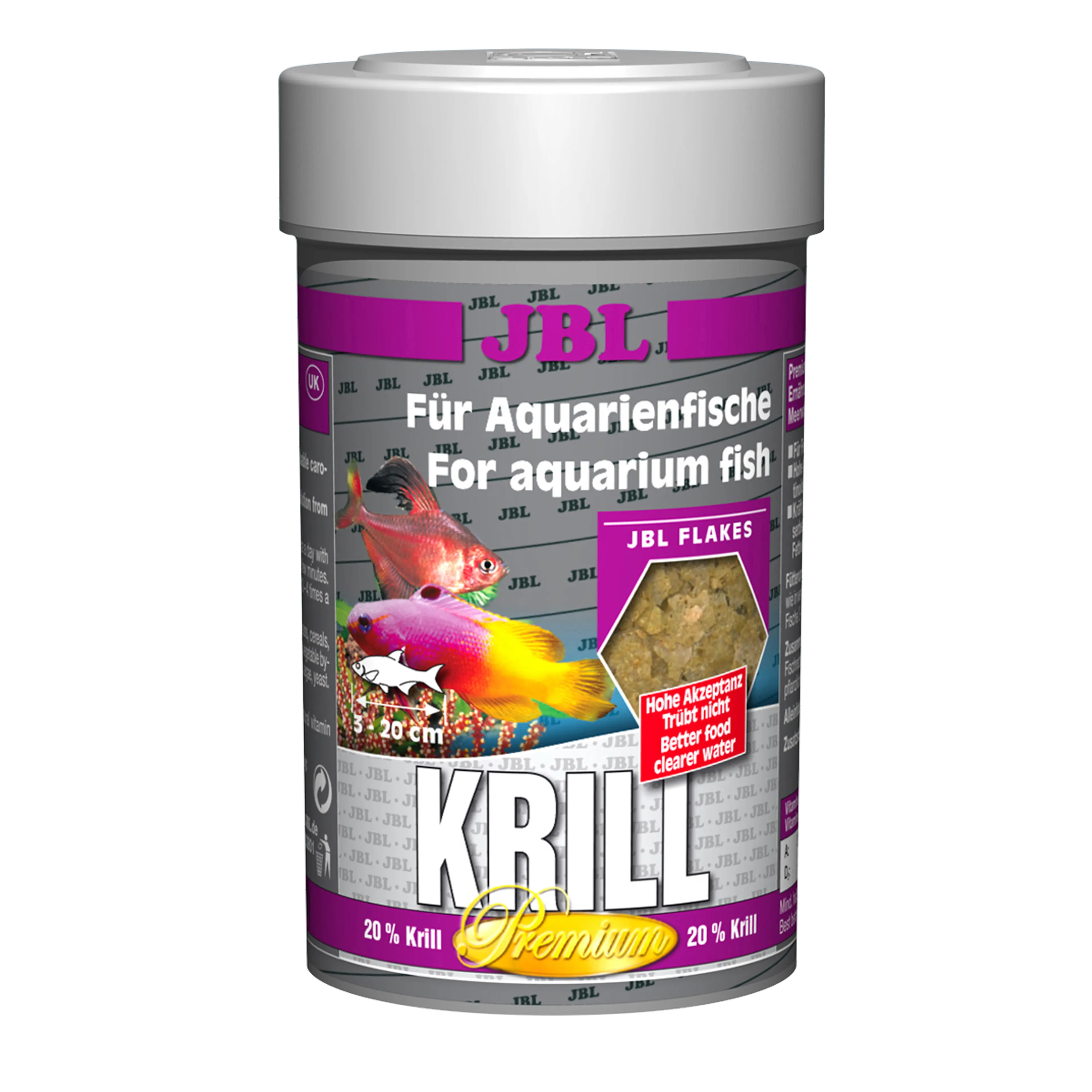Complete nutrition and optimal growth for tropical freshwater and saltwater fish: Krill flakes rich in protein, unsaturated fatty acids and carotenoids.