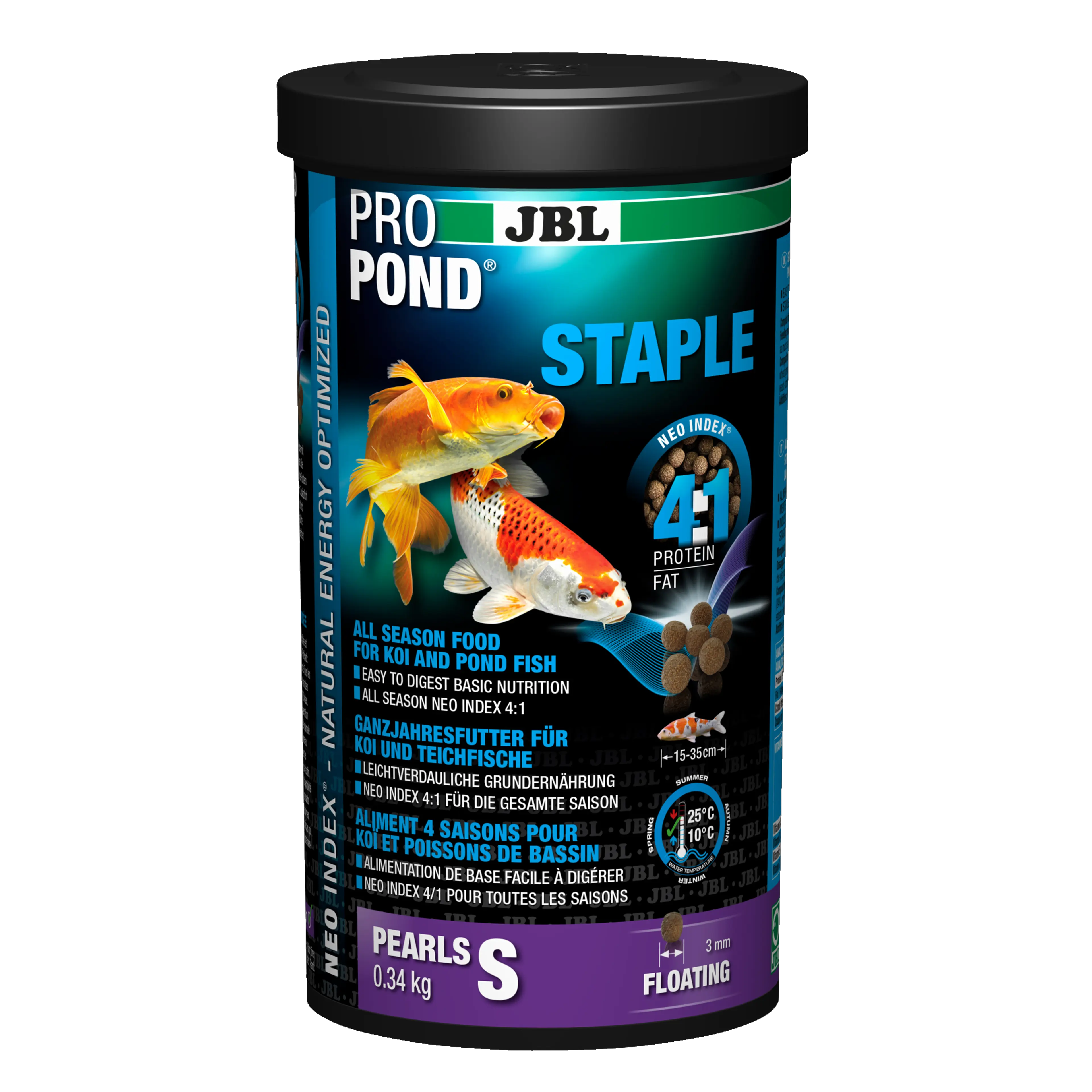 High-quality, floating pellets with a diameter of 3 mm for year-round feeding at water temperatures of 10–25 °C.