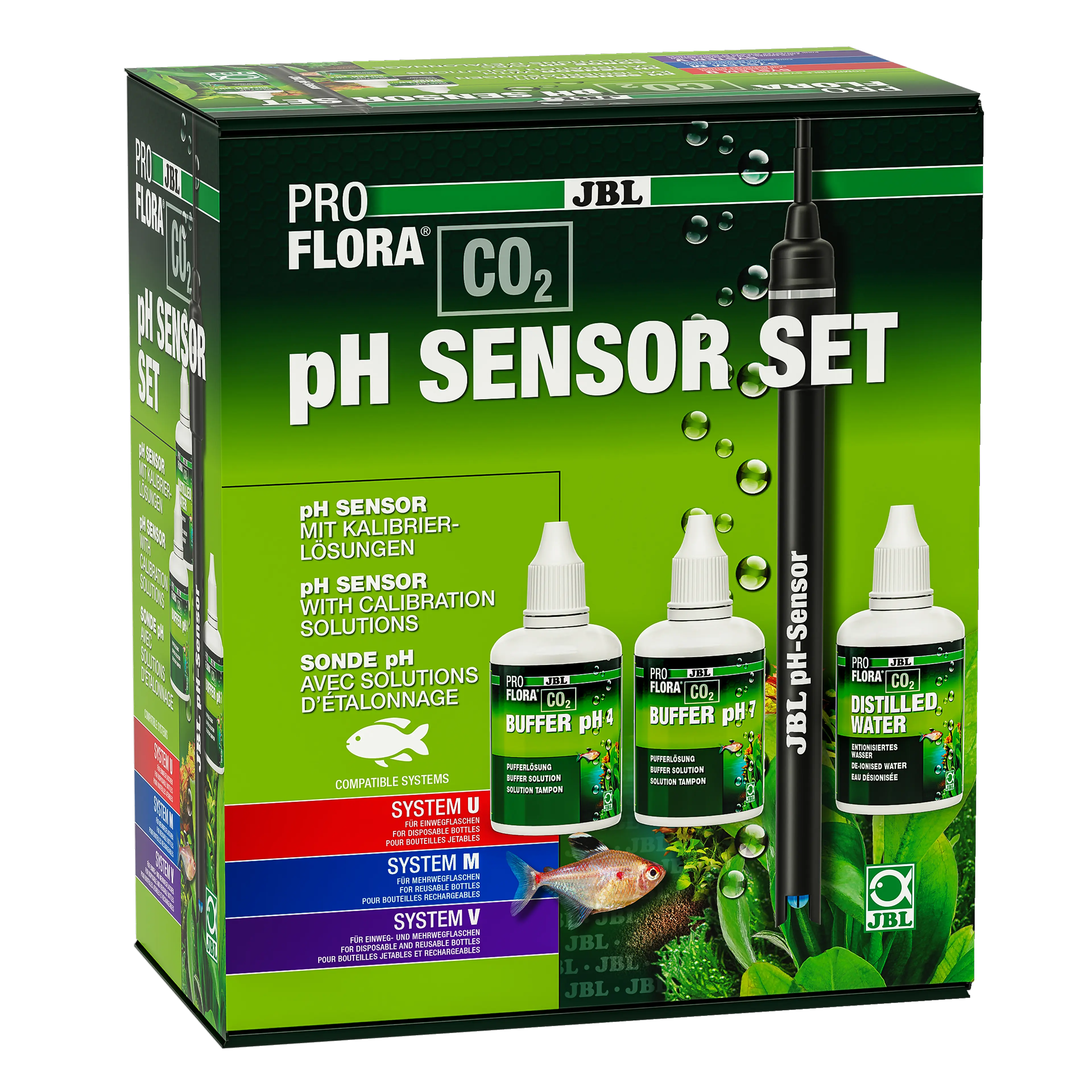 Robust, high-quality electrode for JBL pH-Control and other pH measuring and control devices with BNC connection, including liquid for calibrating pH sensors.