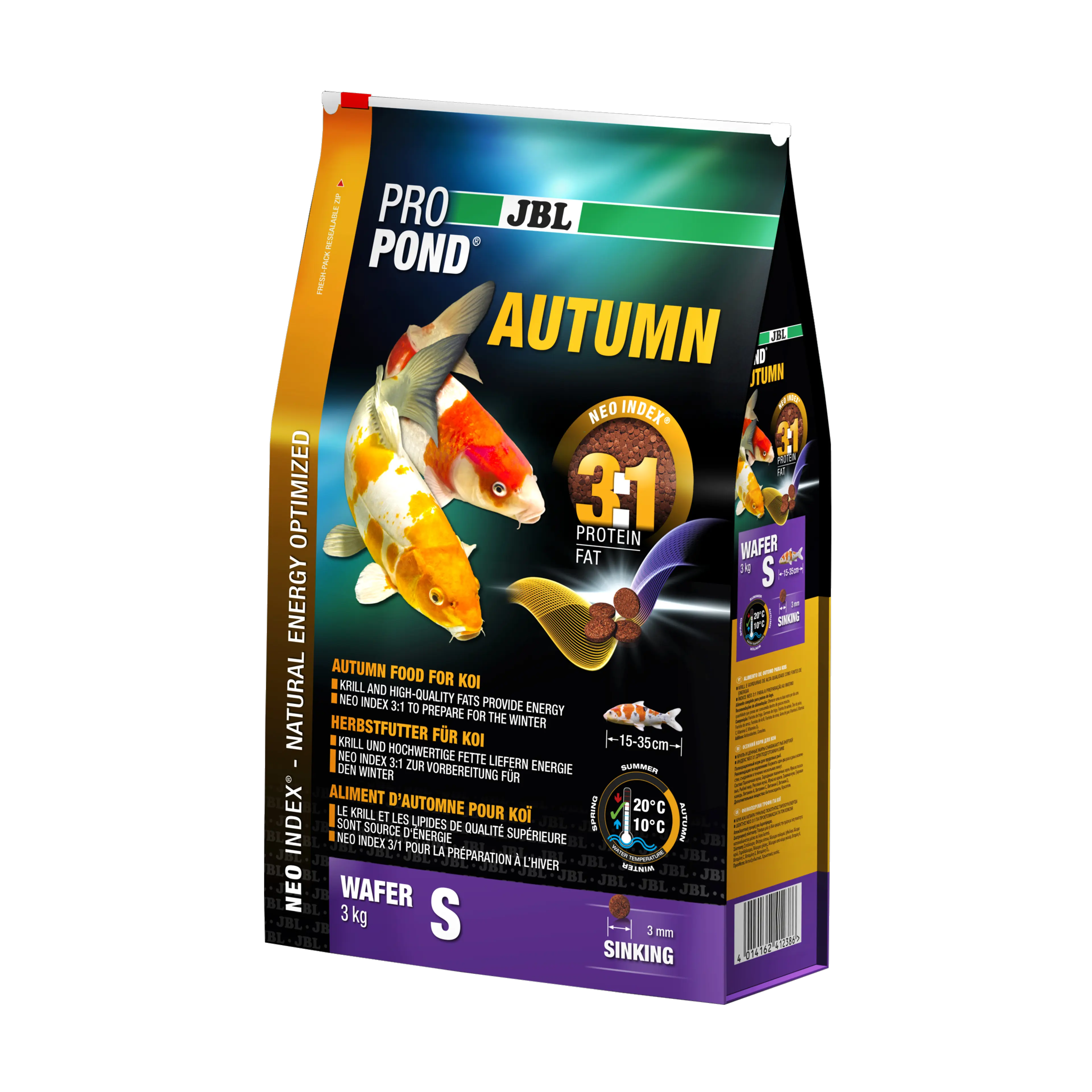 Complete feed with the correct protein-fat ratio of 3:1 according to the NEO Index, which takes into account water temperature, function, animal size and age.