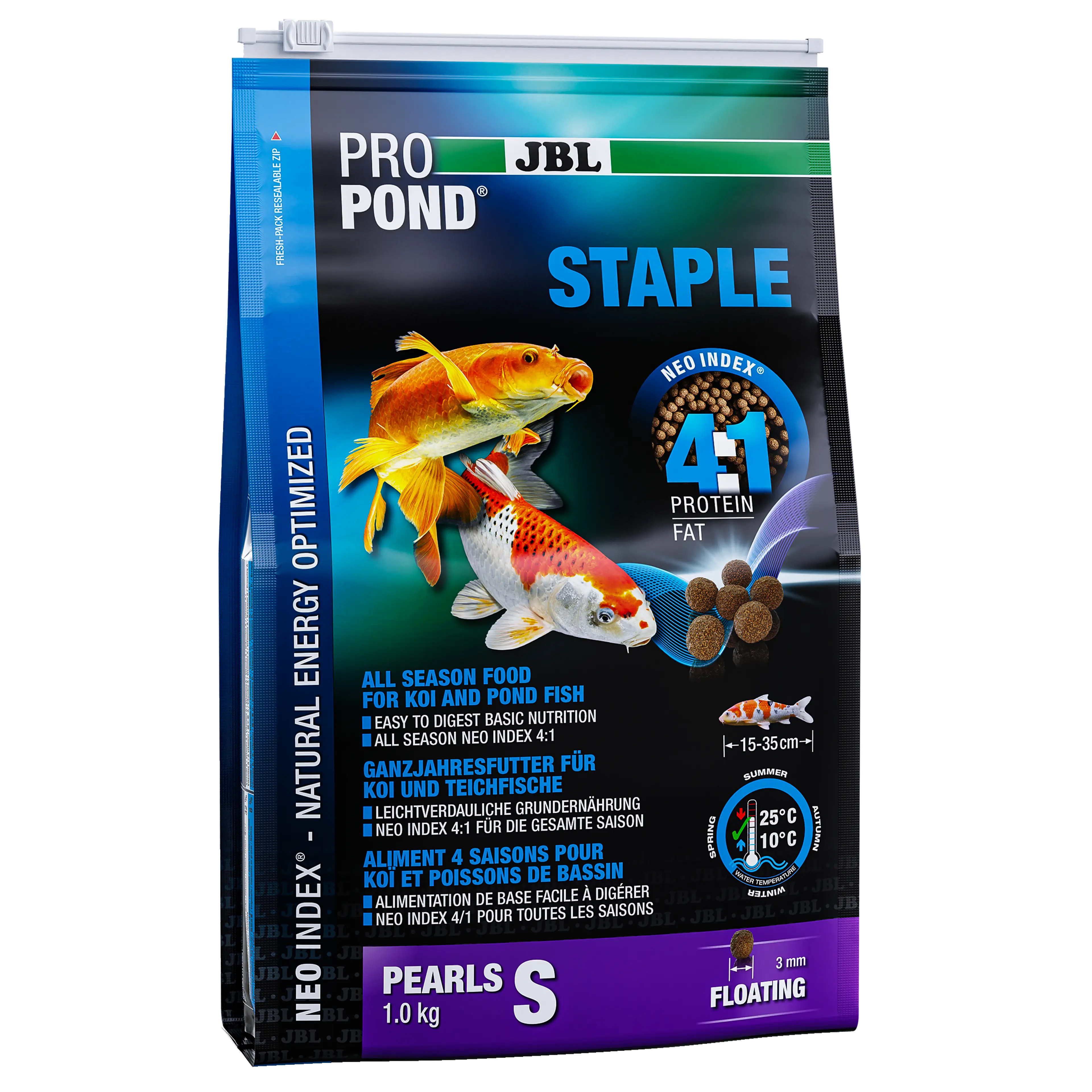 High-quality, floating pellets with a diameter of 3 mm for year-round feeding at water temperatures of 10–25 °C.