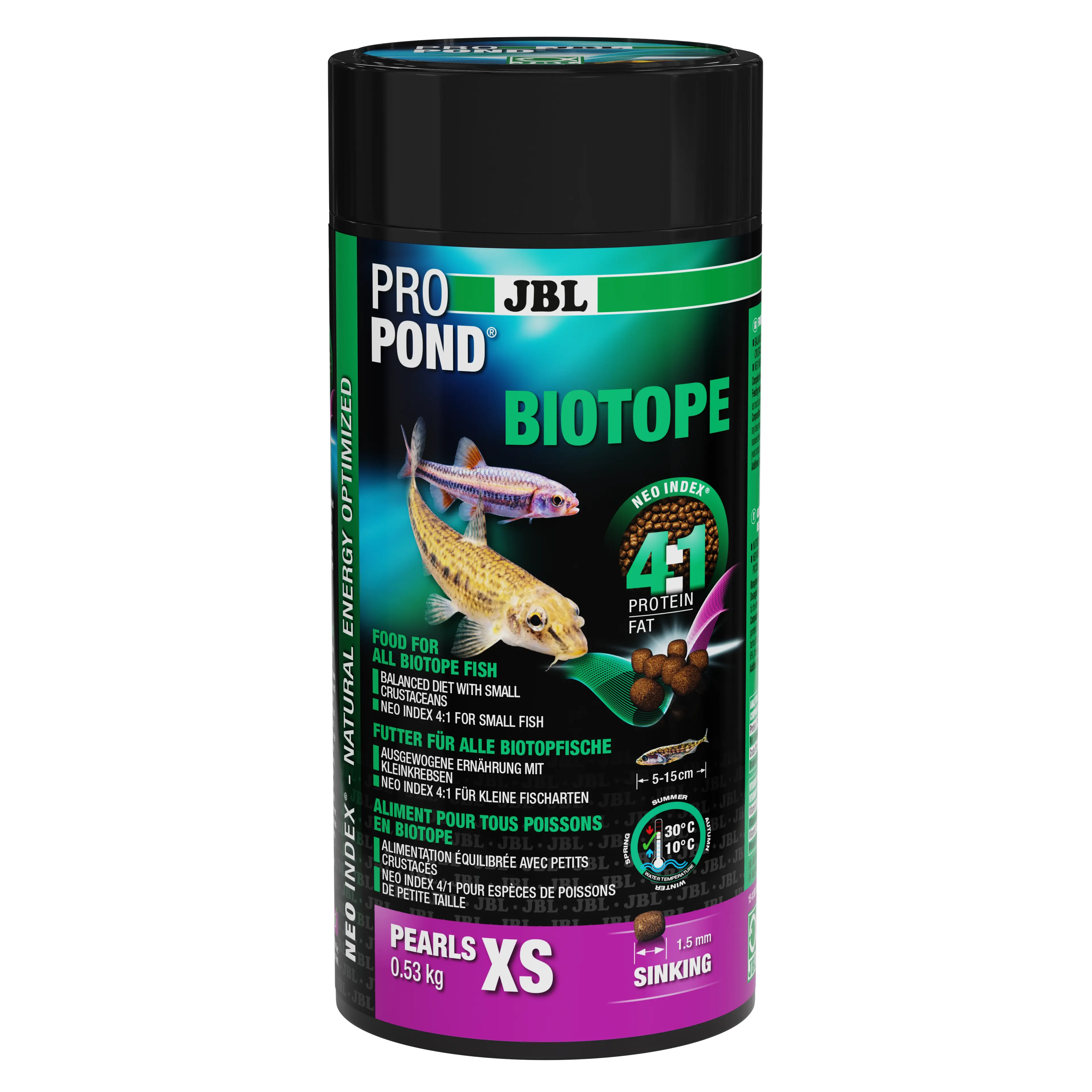 Complete feed with the correct protein-fat ratio of 4:1 according to the NEO Index, which takes into account water temperature, function, animal size and age.