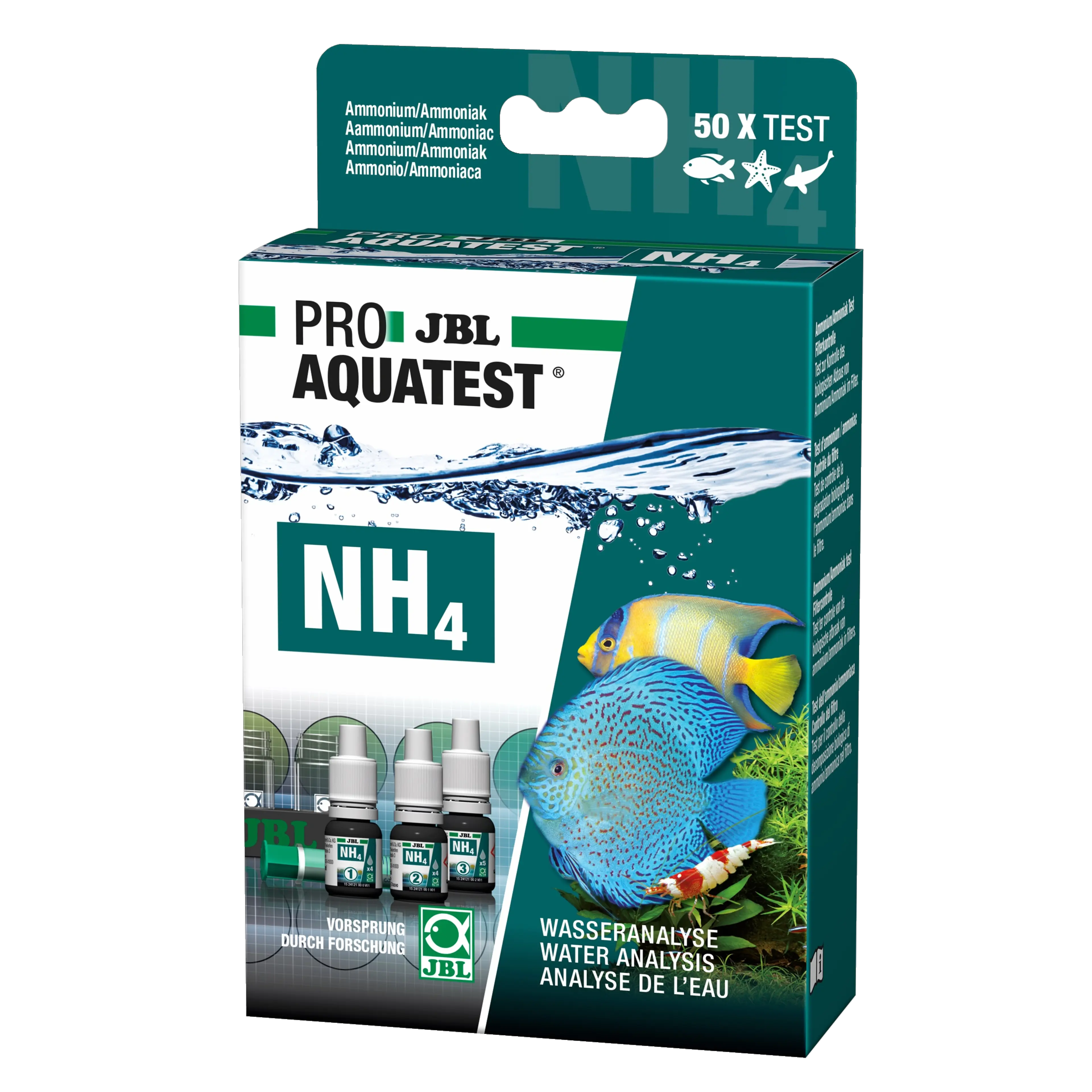 Einfache und sichere Kontrolle von Ammonium (NH4) und Ammoniak (NH3) von Aquarien/Teichen. Überprüfung des biologischen Gleichgewichtes (bakterielle Aktivität) im Süß- und Meerwasser