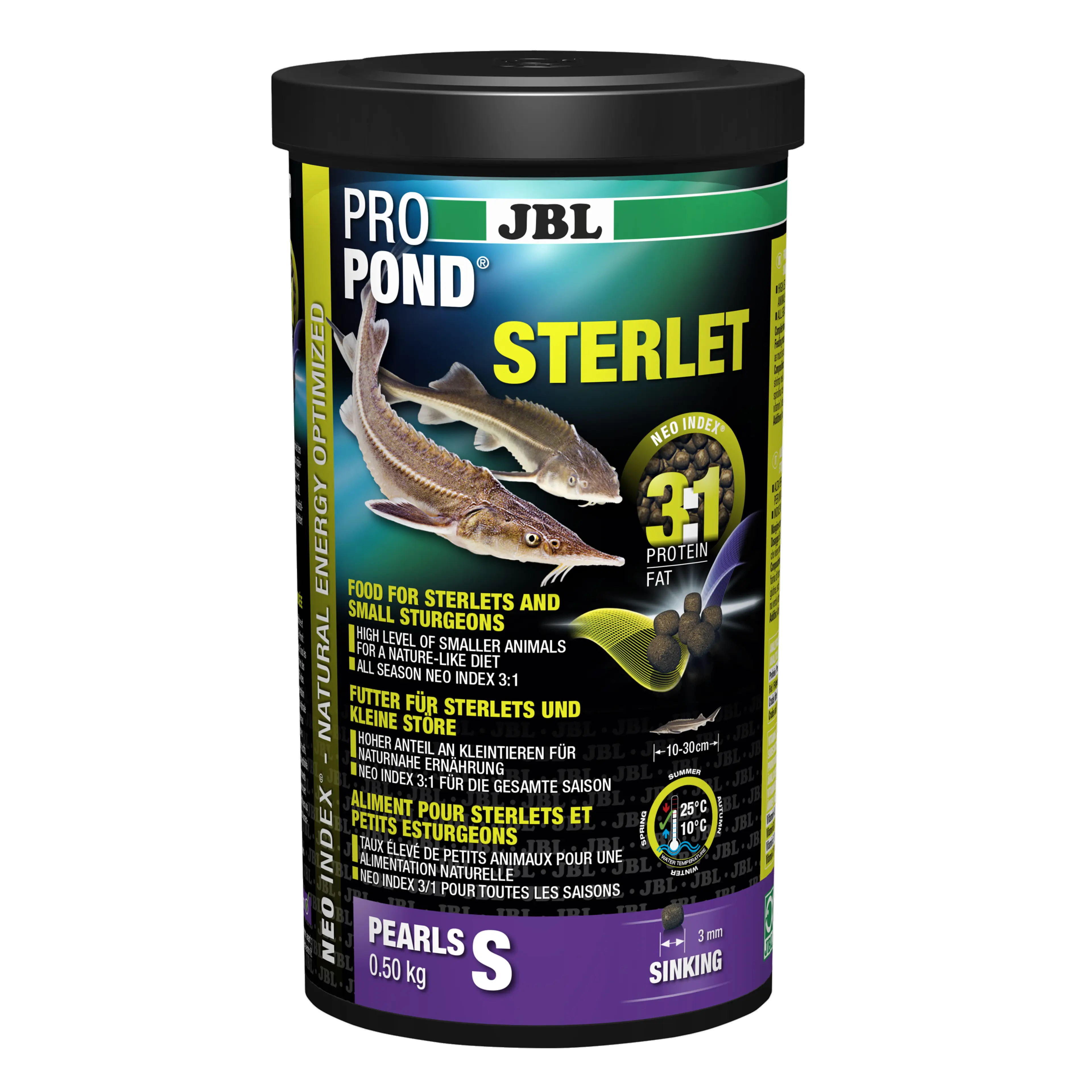 Complete feed with the correct protein-fat ratio of 3:1 according to the NEO Index, which takes into account water temperature, function, animal size and age.