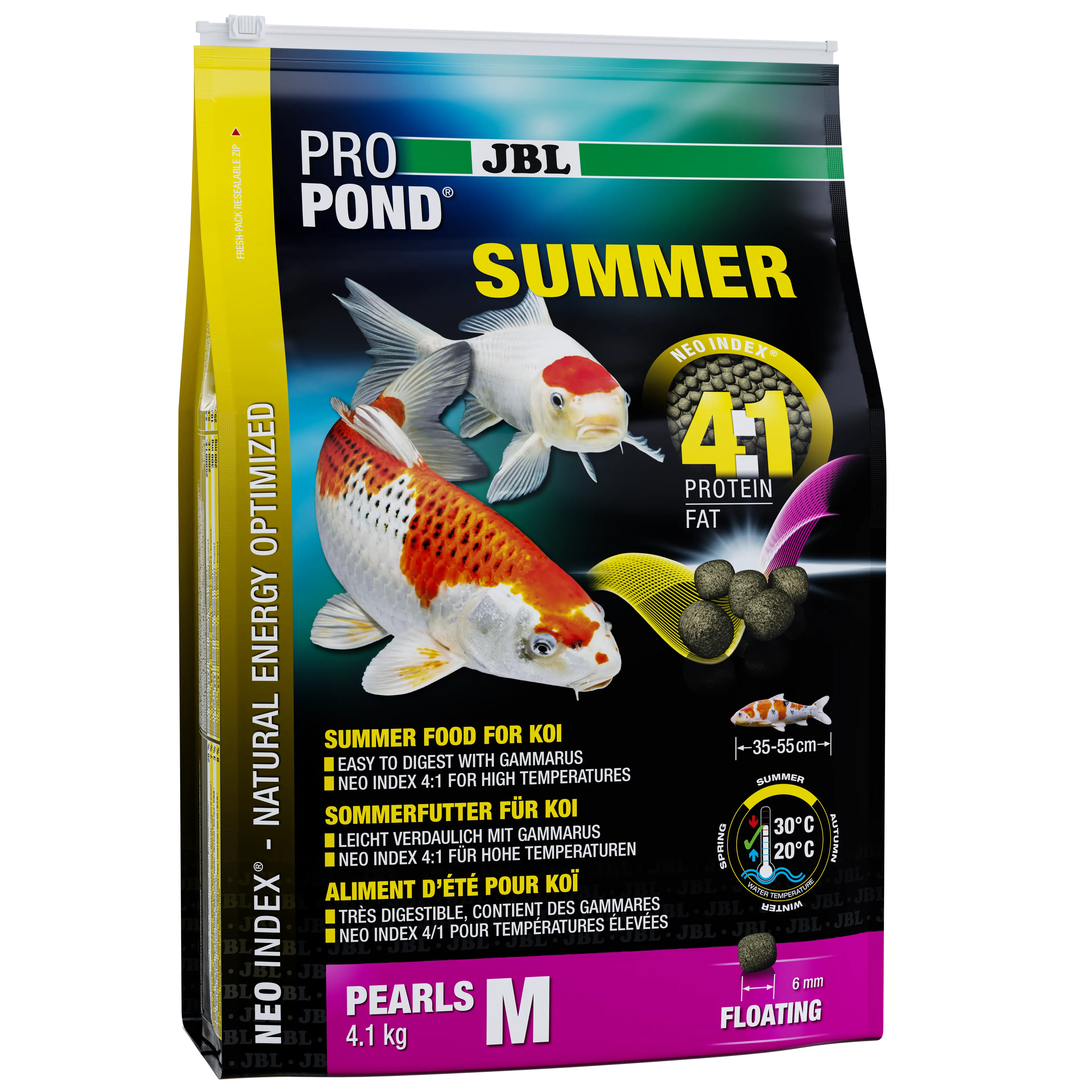 Complete food with the correct protein-fat ratio of 4:1 according to the NEO Index, which takes into account water temperature, function, animal size and age.
