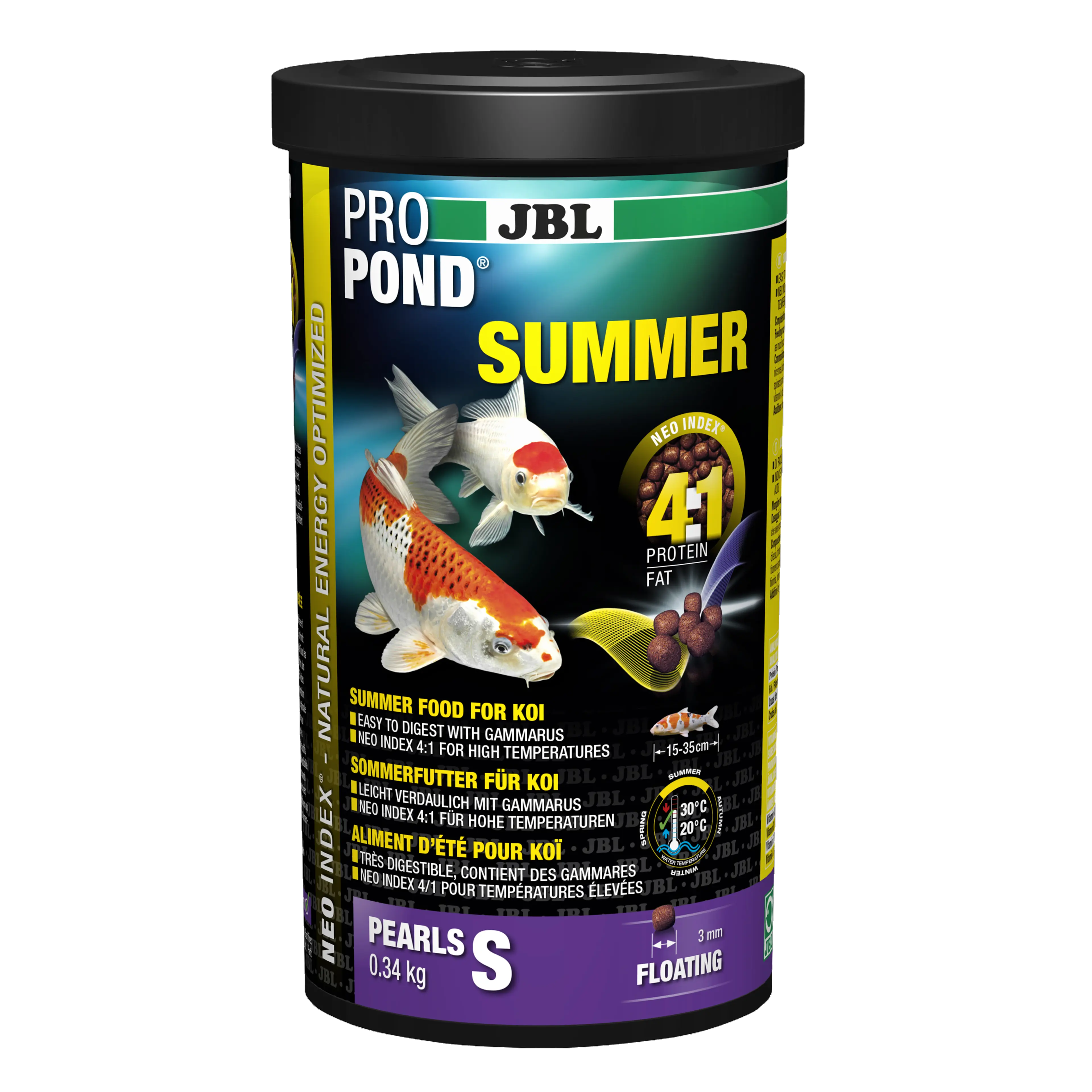 Complete food with the correct protein-fat ratio of 4:1 according to the NEO Index, which takes into account water temperature, function, animal size and age.