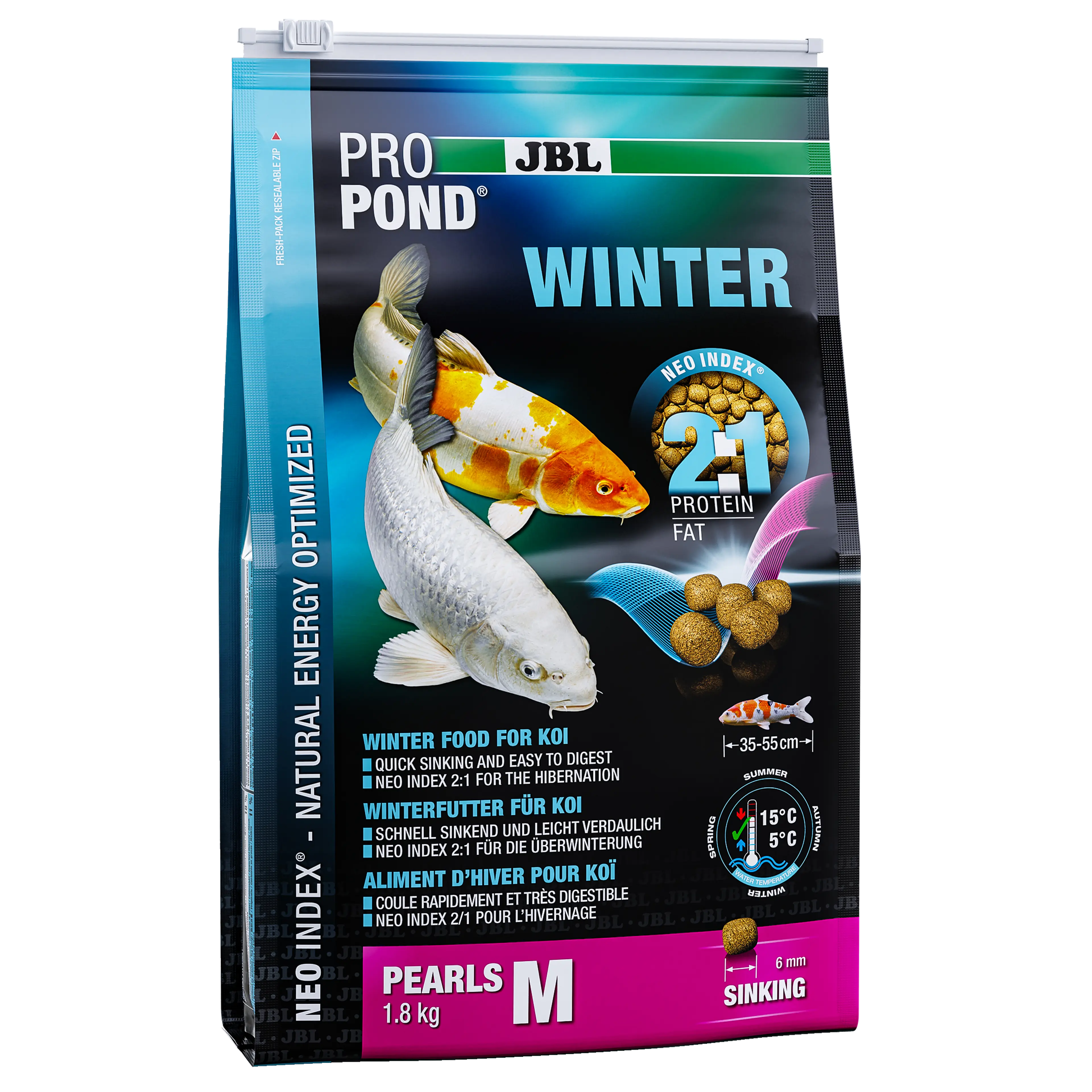 Complete feed with the correct protein-fat ratio of 2:1 according to the NEO Index, which takes into account water temperature, function, animal size and age.