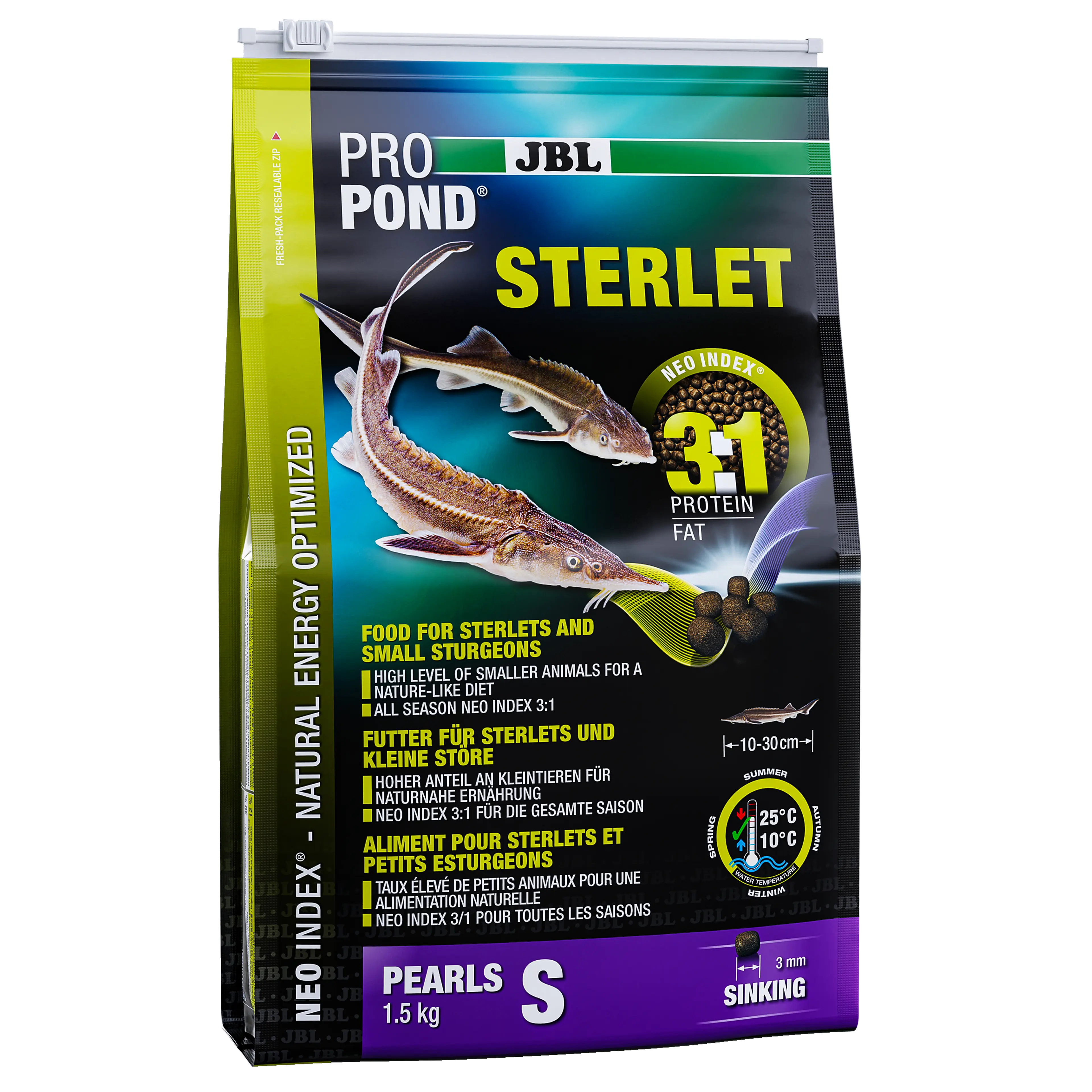 Complete feed with the correct protein-fat ratio of 3:1 according to the NEO Index, which takes into account water temperature, function, animal size and age.