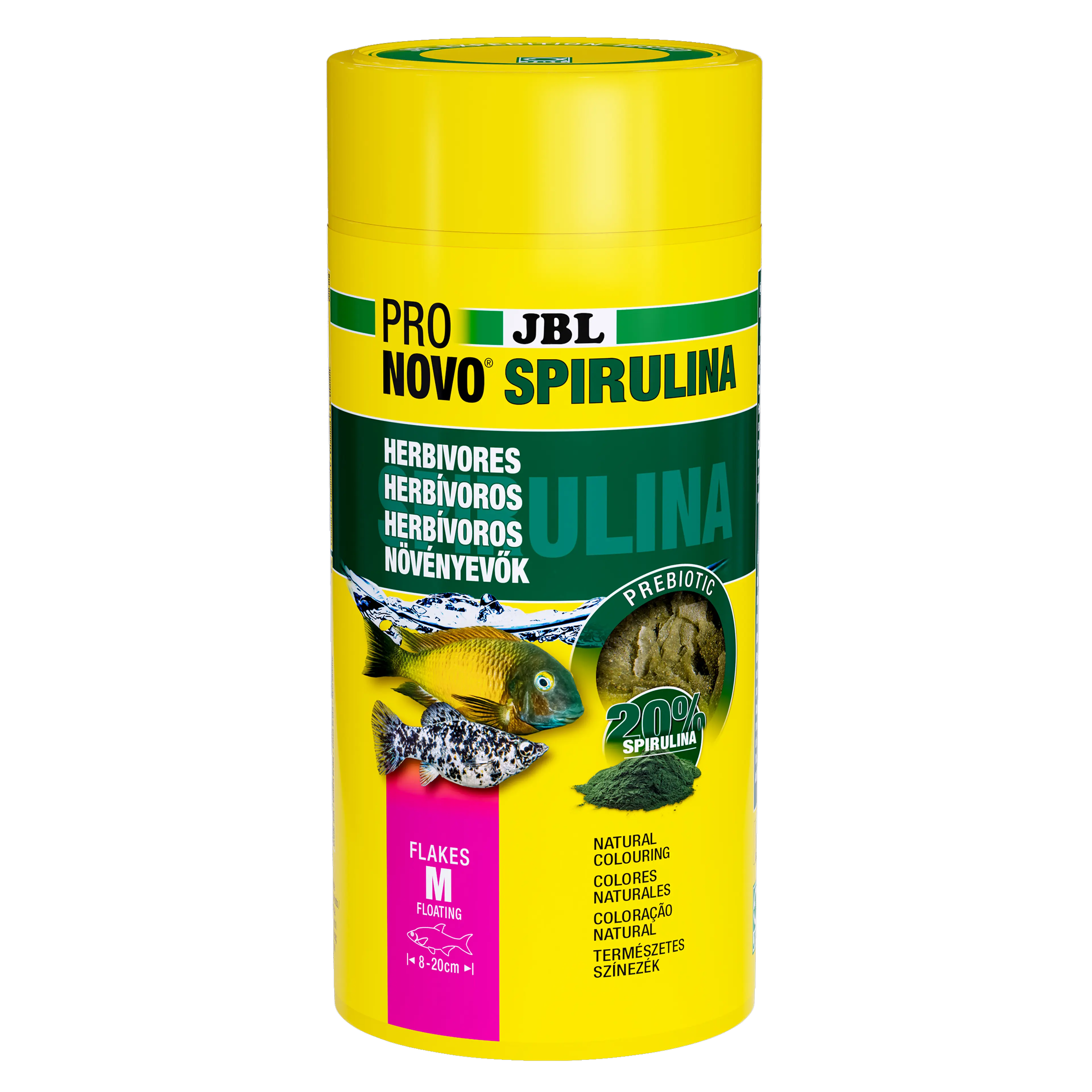 Floating, prebiotic spirulina algae food flakes for herbivorous (plant/algae-eating) aquarium fish such as livebearers and filter feeders from Lake Malawi and Lake Tanganyika.