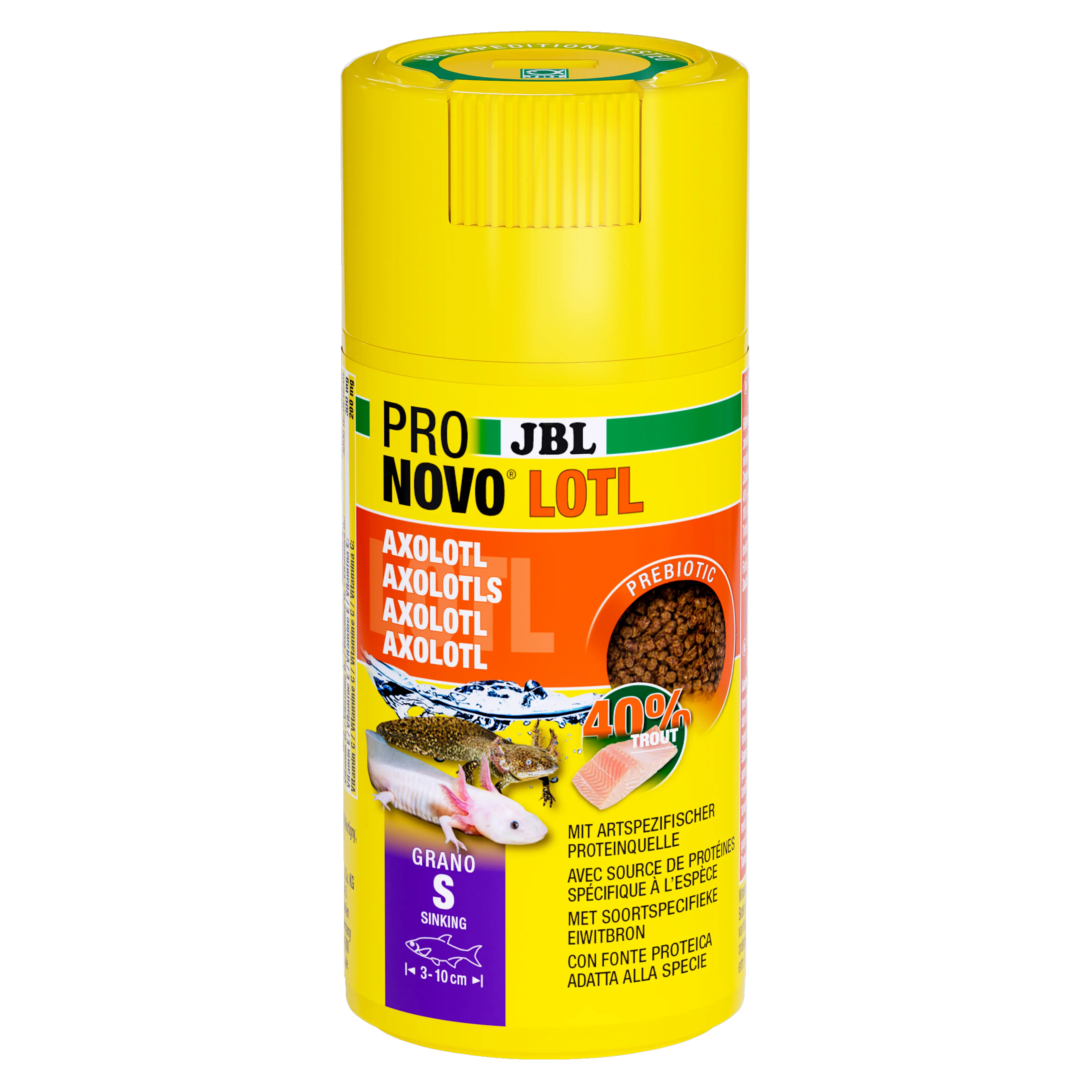 Complete nutrition and optimal growth with small feed granules for axolotls, newts and dwarf clawed frogs measuring 3–10 cm.