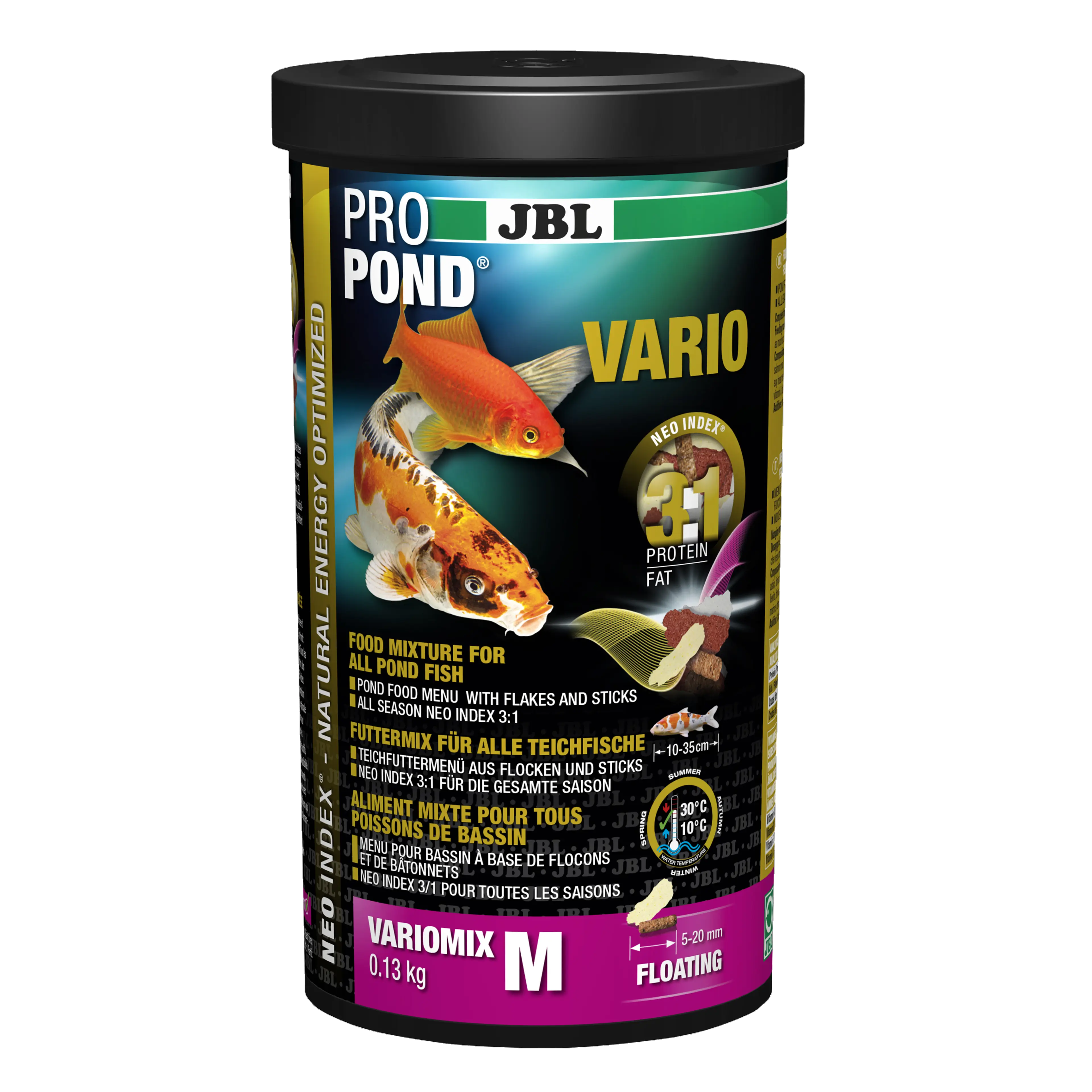 Complete feed with the correct protein-fat ratio of 3:1 according to the NEO Index, which takes into account water temperature, function, animal size and age.