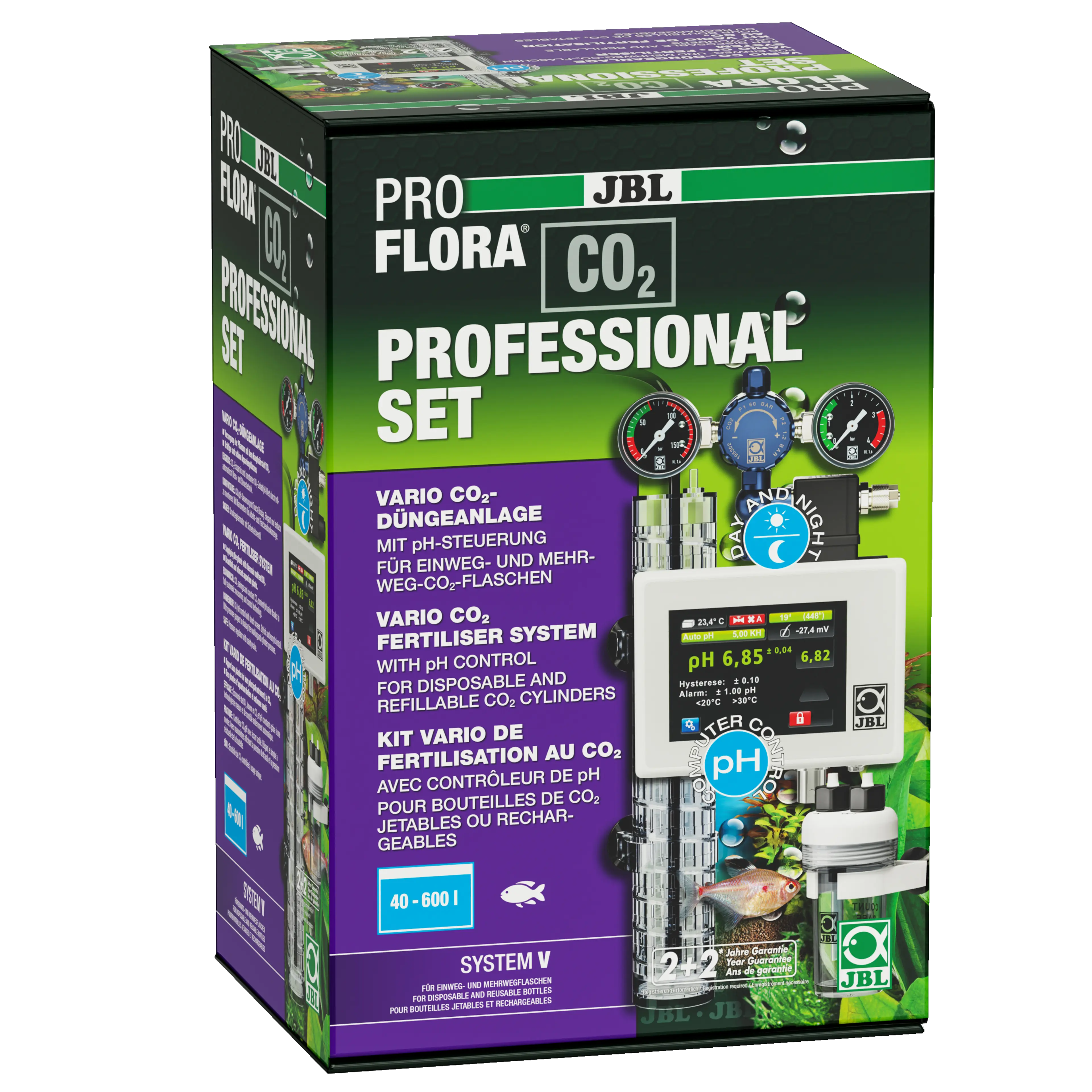 CO2 fertiliser system with automatic CO2/pH control for the optimal supply of all aquarium plants in freshwater aquariums from 40 to 600 litres. A CO2 cylinder (disposable or refillable) and a pH electrode must be purchased separately, fresh from the factory.