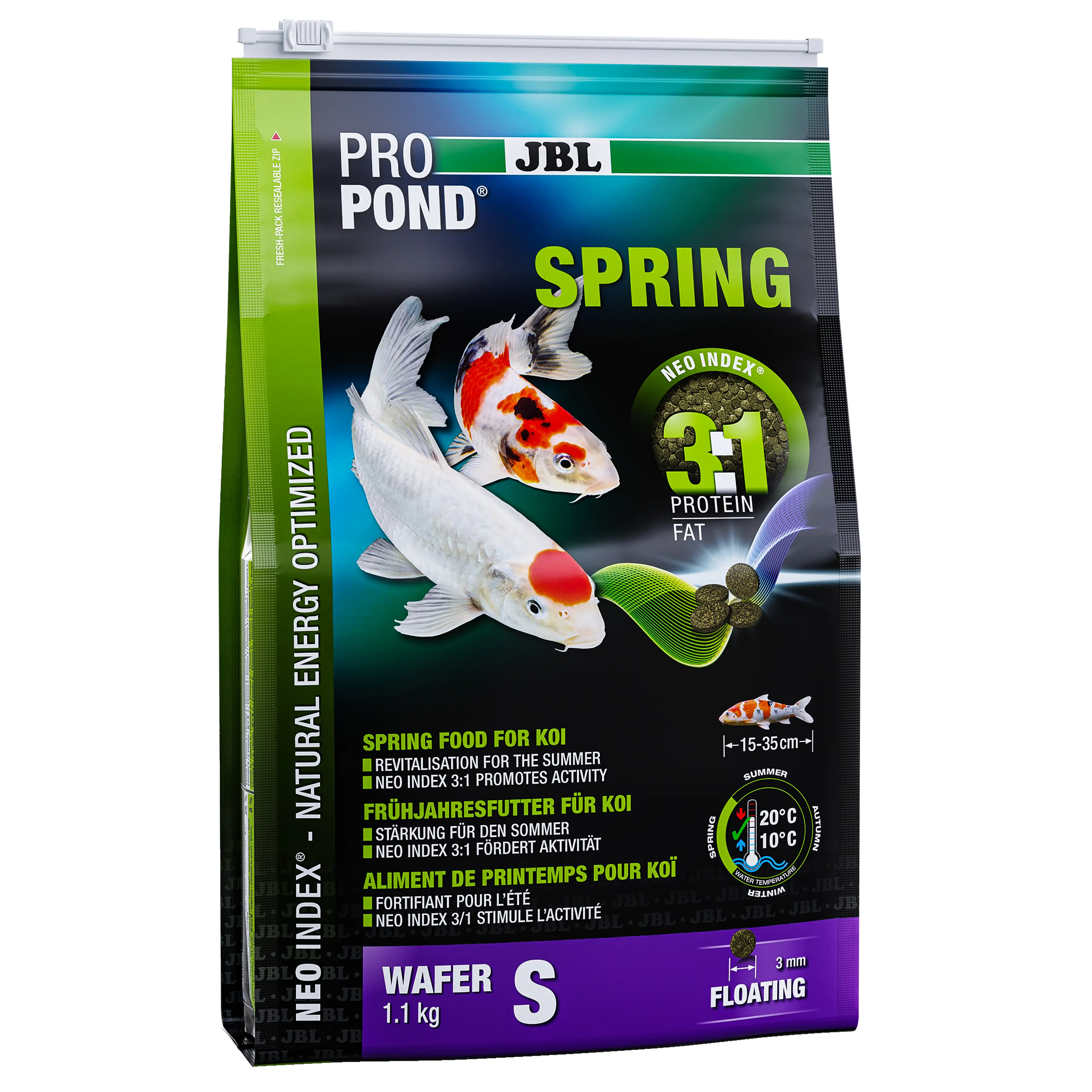 Complete feed with the correct protein-fat ratio of 3:1 according to the NEO Index, which takes into account water temperature, function, animal size and age.