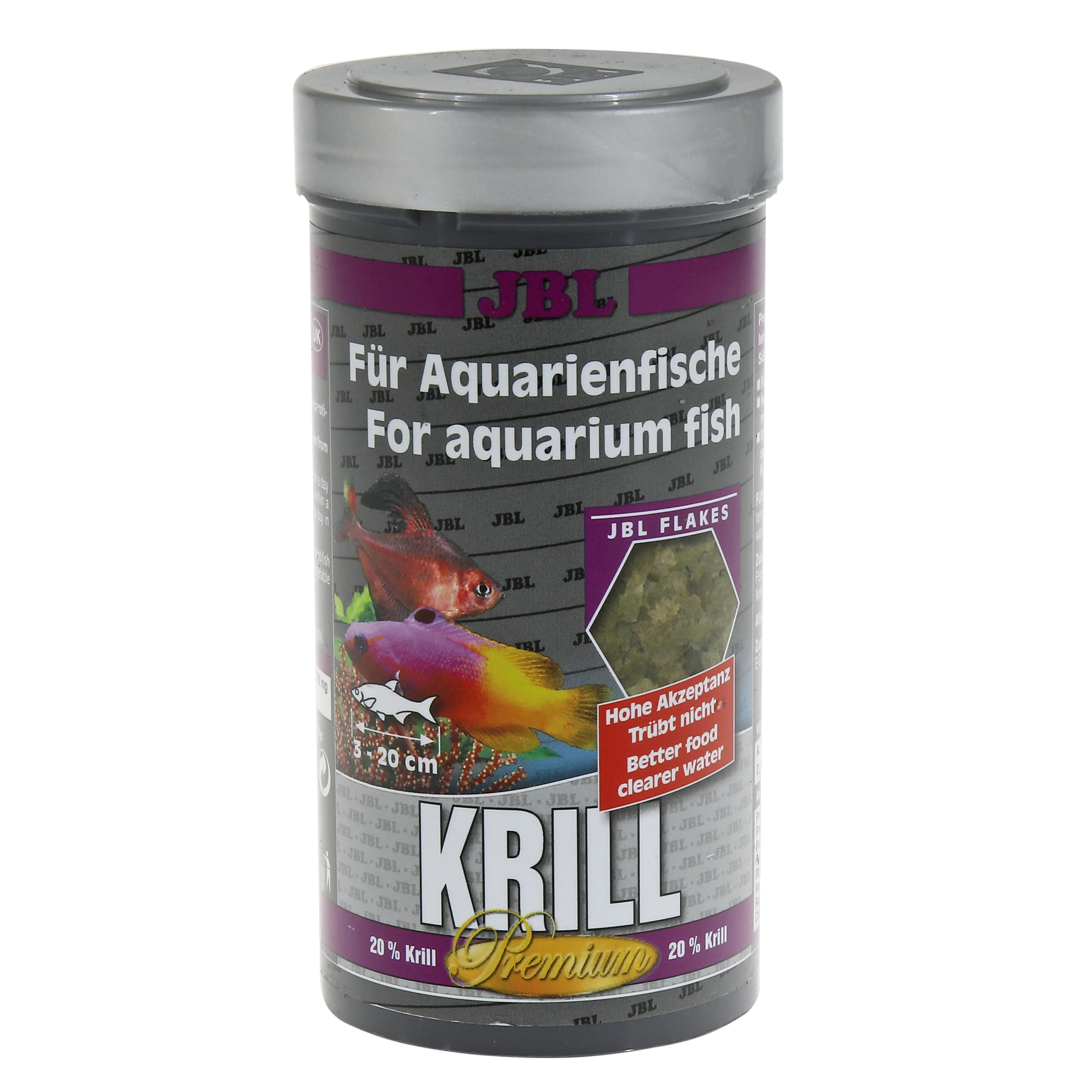 Complete nutrition and optimal growth for tropical freshwater and saltwater fish: Krill flakes rich in protein, unsaturated fatty acids and carotenoids.