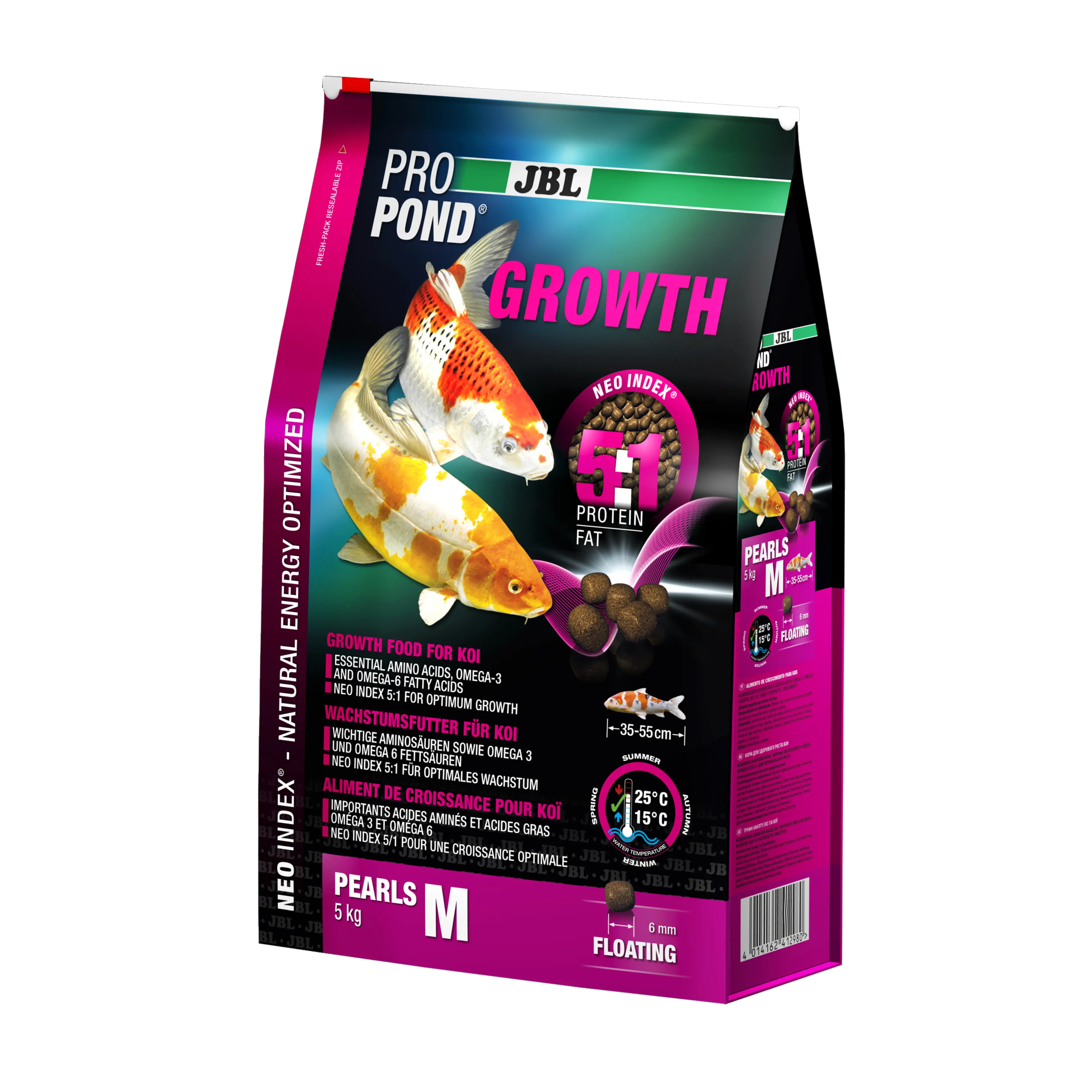 Complete feed with the correct protein-fat ratio of 5:1 according to the NEO Index, which takes into account water temperature, function, animal size and age.