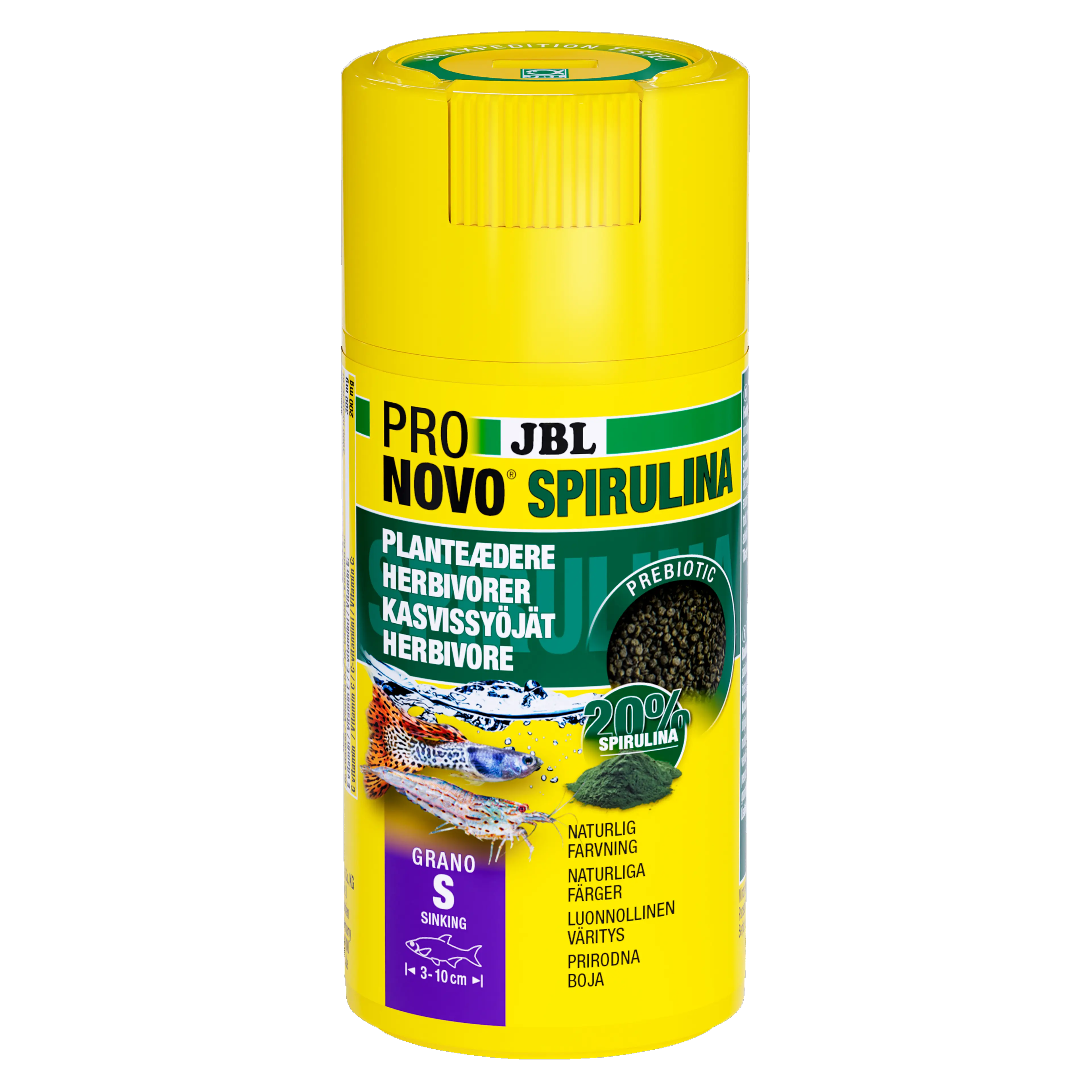 Sinking, prebiotic spirulina algae food granules for herbivorous (plant/algae-eating) aquarium inhabitants such as livebearers and shrimp.