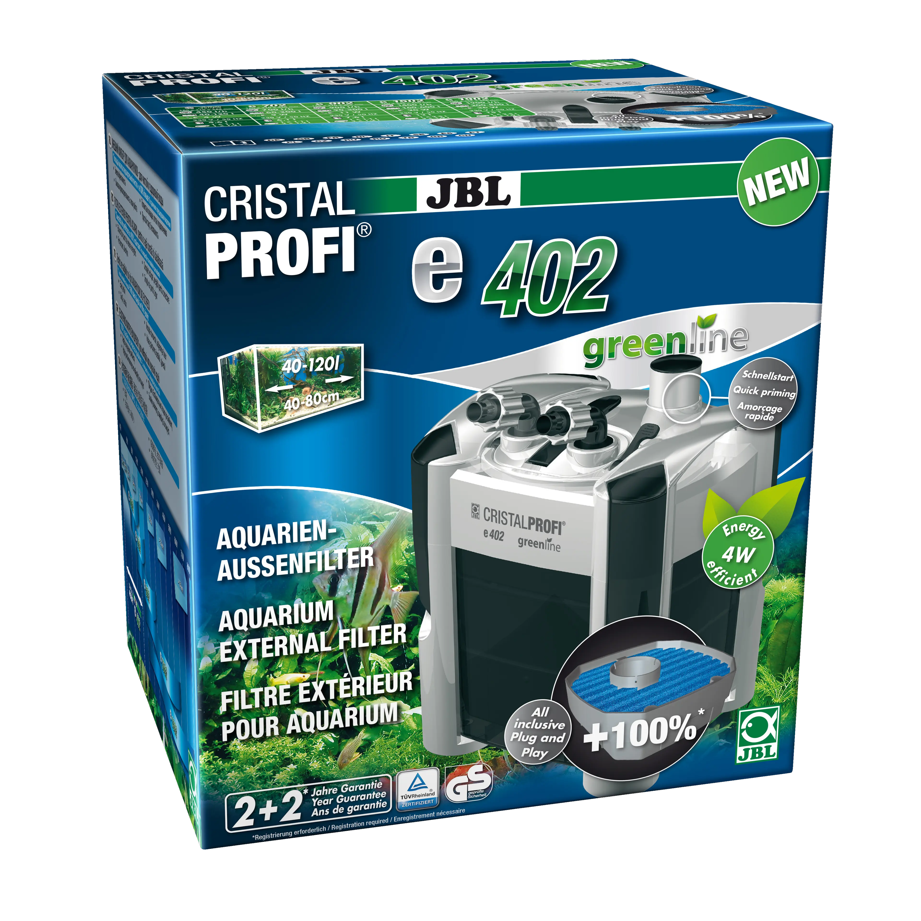 External filter for clean and healthy aquarium water: Closed water circulation system for aquariums from 40 to 120 litres (40 to 80 cm)