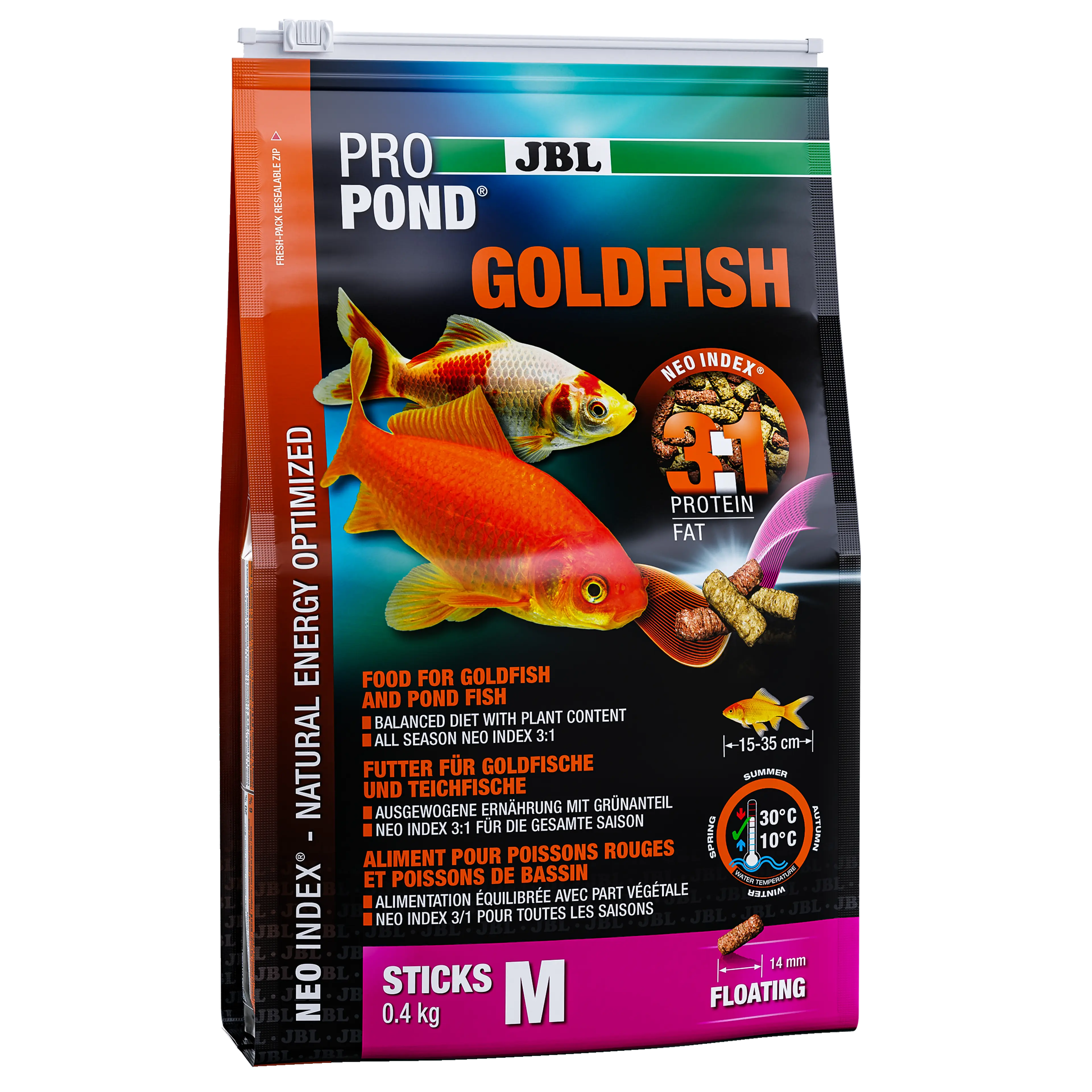 Complete feed with the correct protein-fat ratio of 3:1 according to the NEO Index, which takes into account water temperature, function, animal size and age.