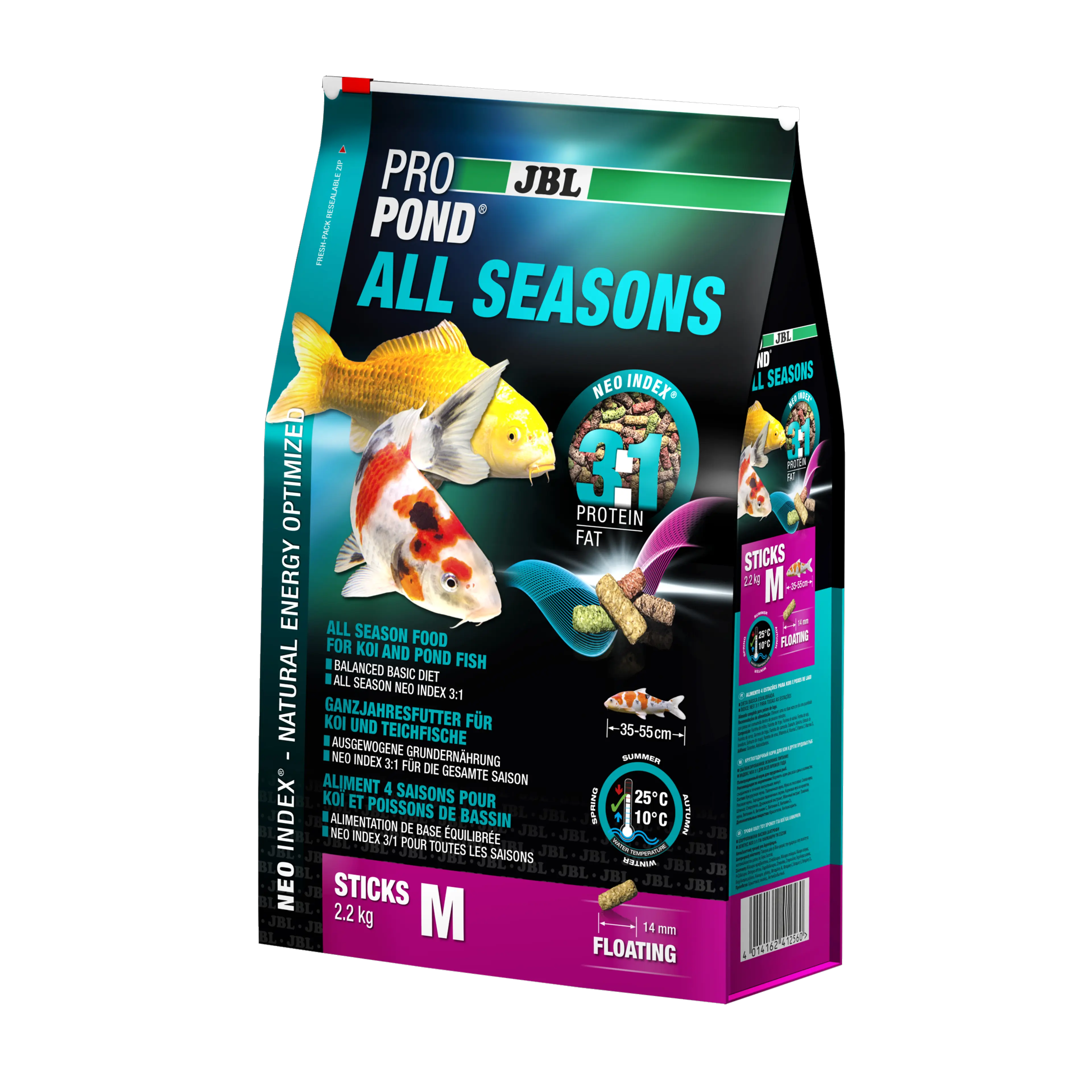 Complete feed with the correct protein-fat ratio of 3:1 according to the NEO Index, which takes into account water temperature, function, animal size and age.