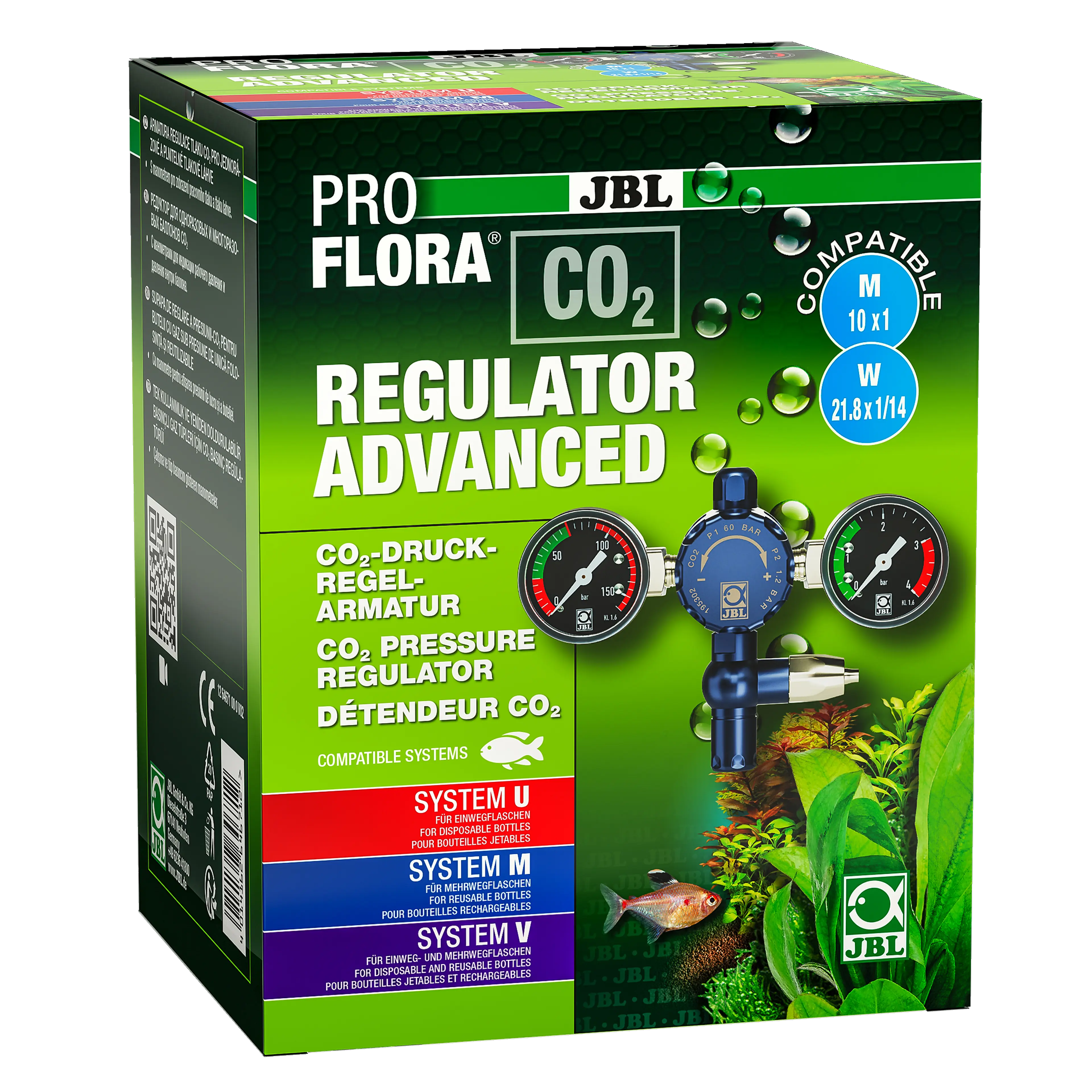 The pressure reducer reduces the cylinder pressure from approx. 60 bar (shown on pressure gauge 1) to a low working pressure of 1.2 bar (shown on pressure gauge 2) so that the CO2 supply can be easily regulated.