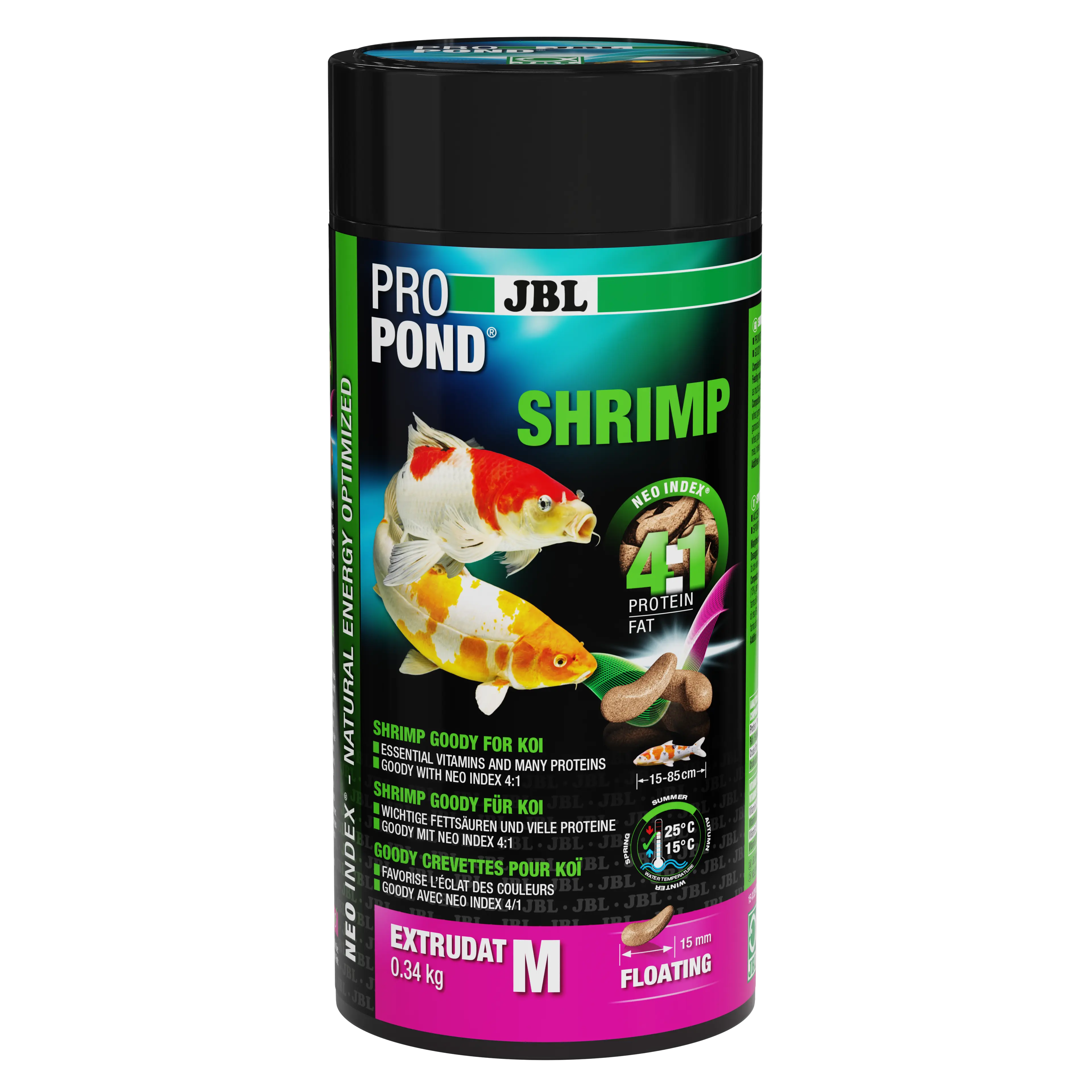 A treat for all koi. Shrimp extrudate with the correct protein-fat ratio of 4:1 according to the NEO Index, which takes into account water temperature, function, animal size and age.