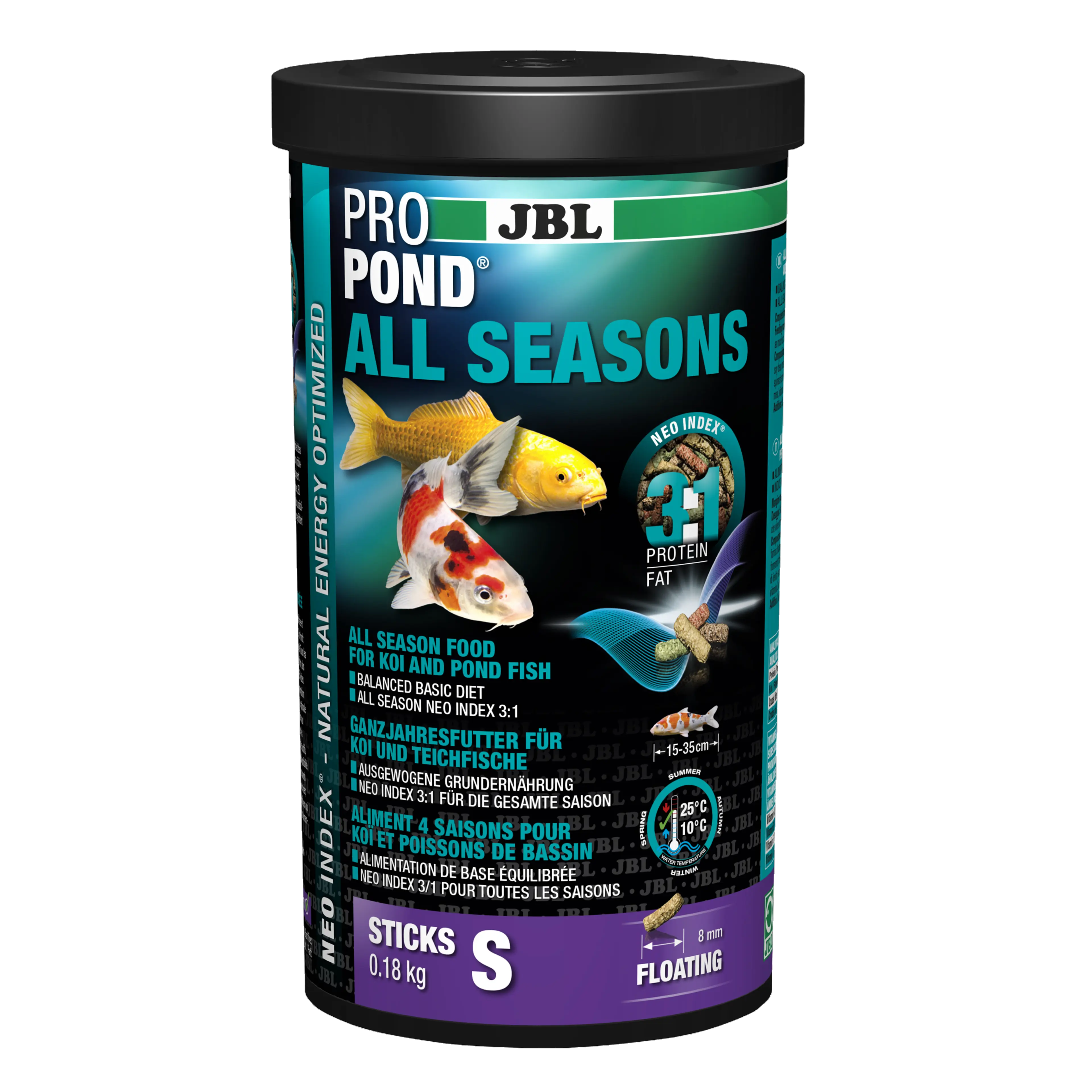 Complete feed with the correct protein-fat ratio of 3:1 according to the NEO Index, which takes into account water temperature, function, animal size and age.
