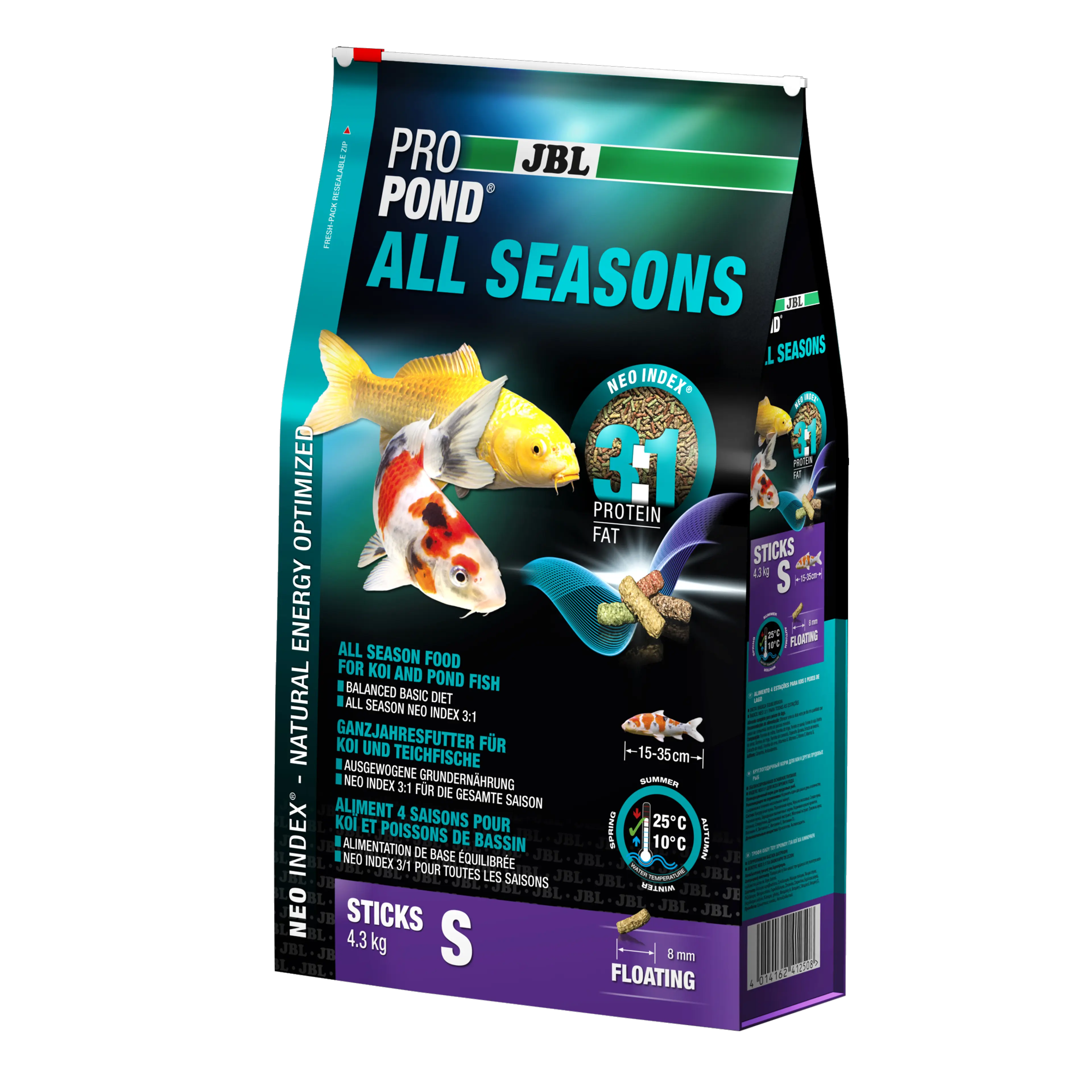 Complete feed with the correct protein-fat ratio of 3:1 according to the NEO Index, which takes into account water temperature, function, animal size and age.
