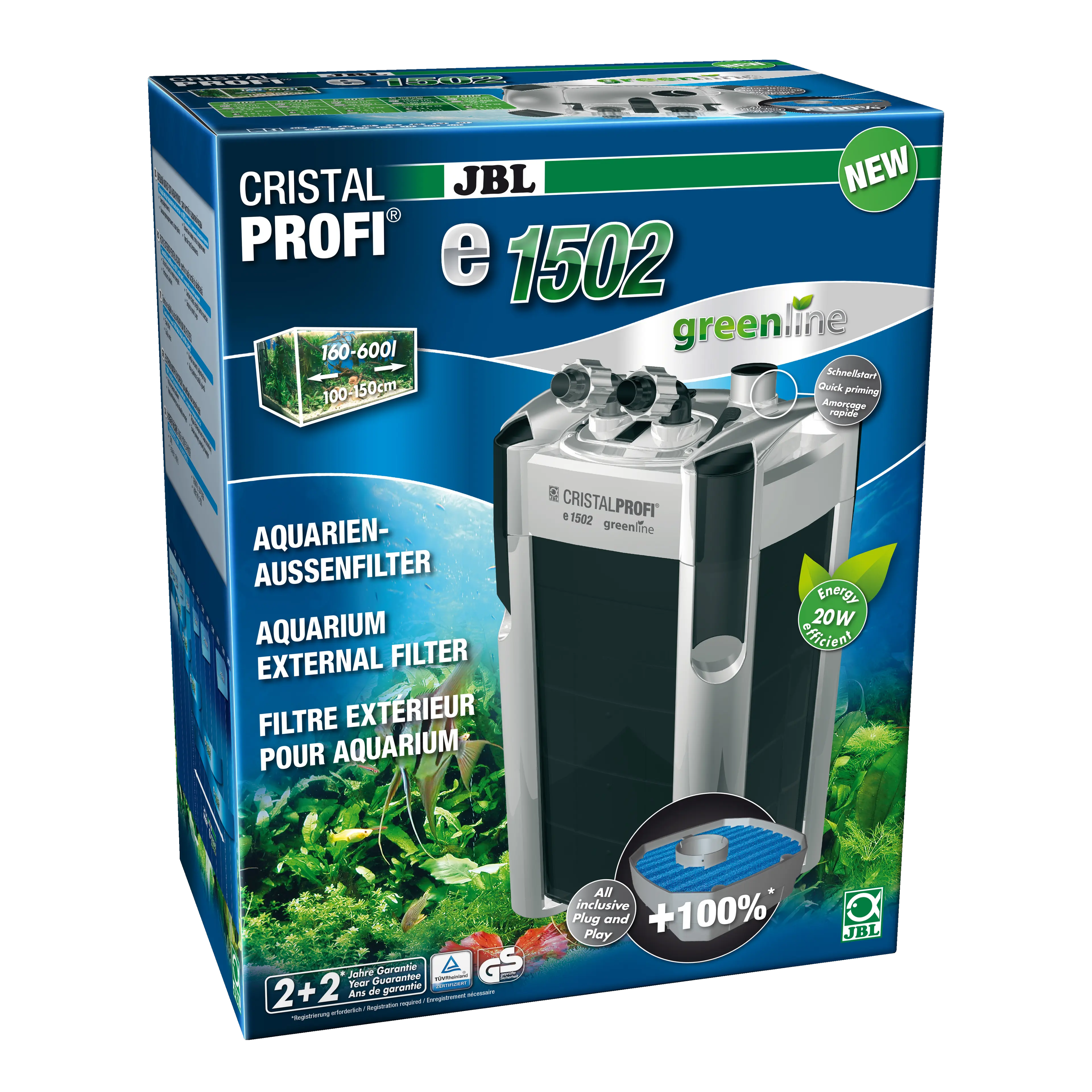 External filter for clean and healthy aquarium water: Closed water circulation system for aquariums from 160 to 600 litres (100 to 150 cm)