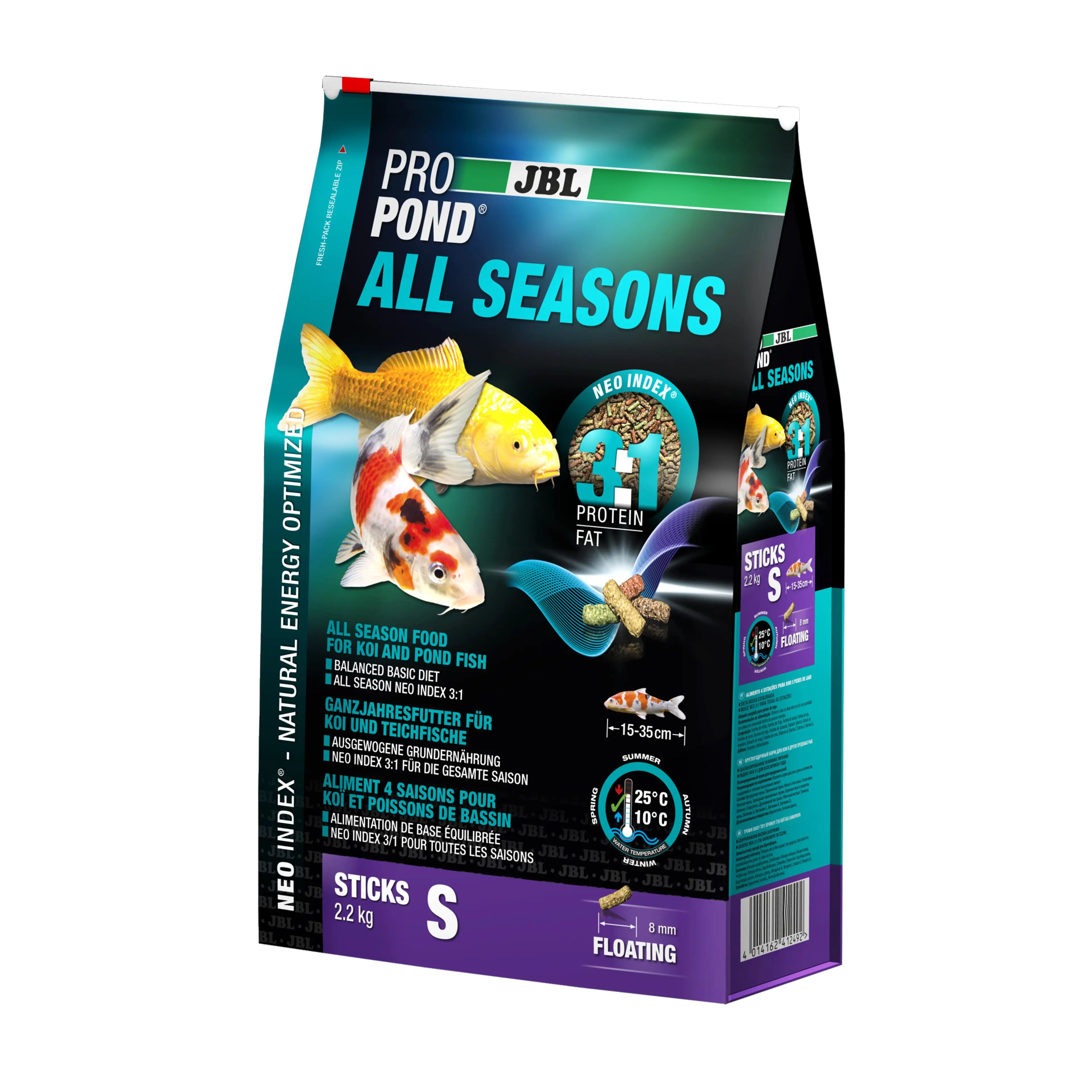 Complete feed with the correct protein-fat ratio of 3:1 according to the NEO Index, which takes into account water temperature, function, animal size and age.