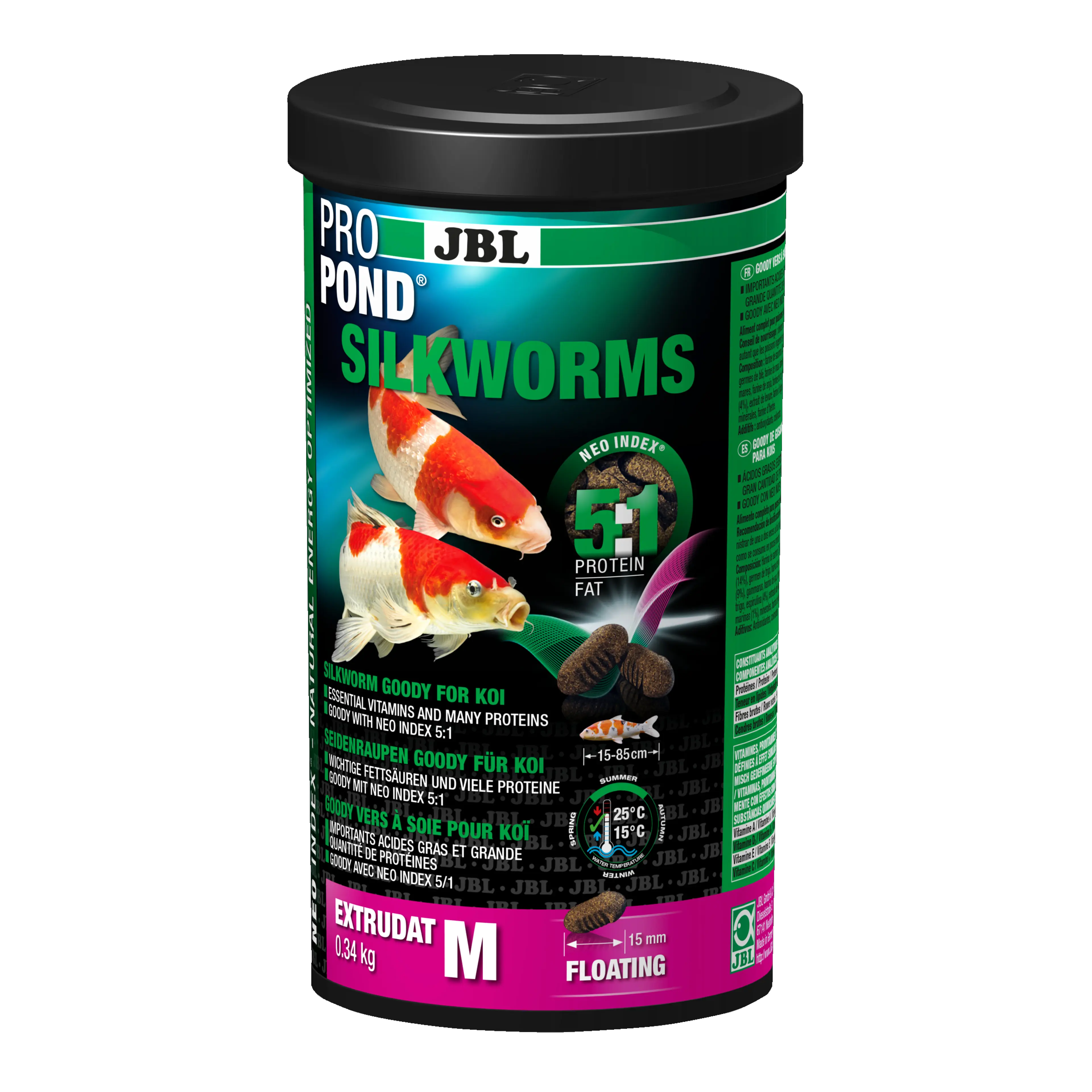 Silkworm extrudate with the correct protein-fat ratio of 5:1 according to the NEO Index, which takes into account water temperature, function, animal size and age.