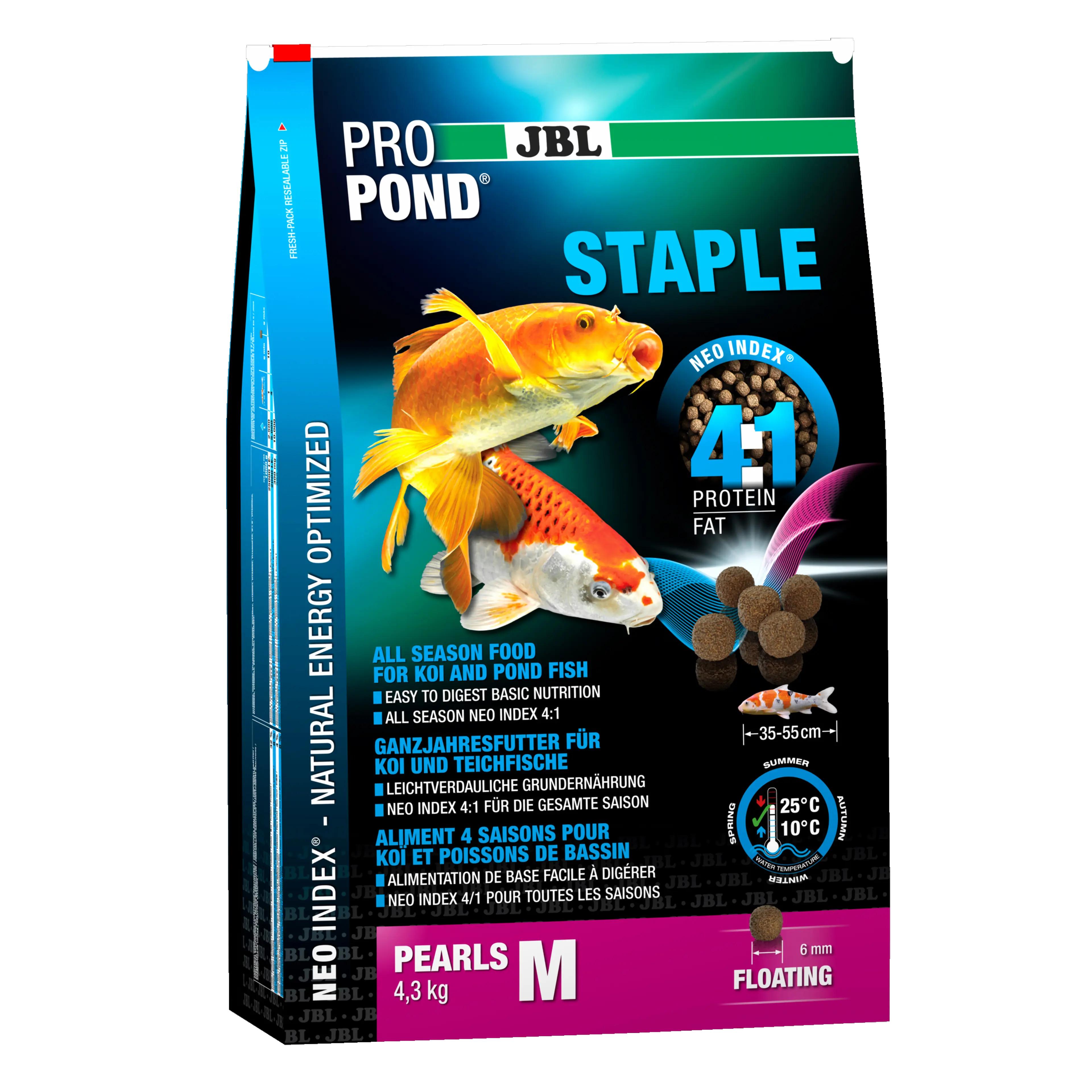 High-quality, floating pellets with a diameter of 6 mm for year-round feeding at water temperatures of 10–25 °C.