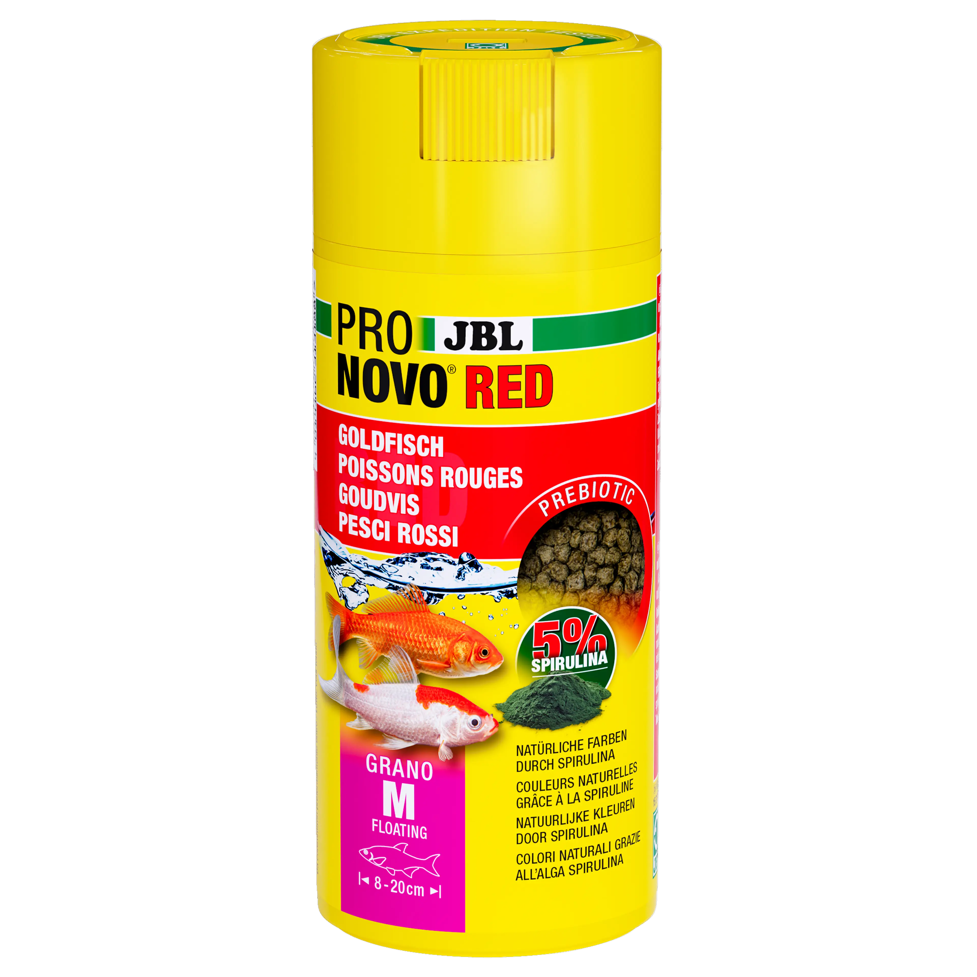Mangime prebiotico affondante per pesci rossi: speciali fibre alimentari presenti nel mangime forniscono nutrimento ai batteri intestinali benefici per una digestione sana.