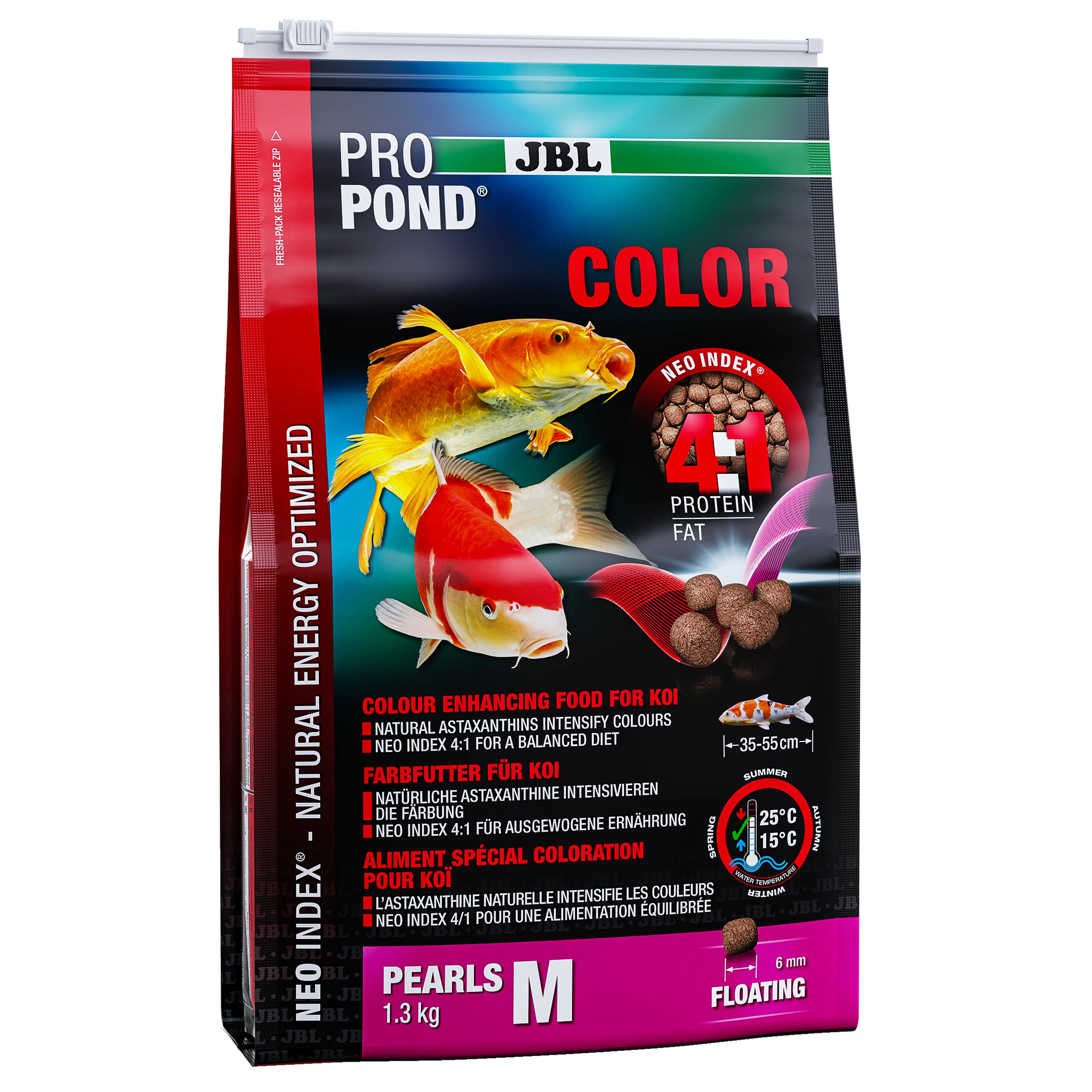 Complete food with the correct protein-fat ratio of 4:1 according to the NEO Index, which takes into account water temperature, function, animal size and age.