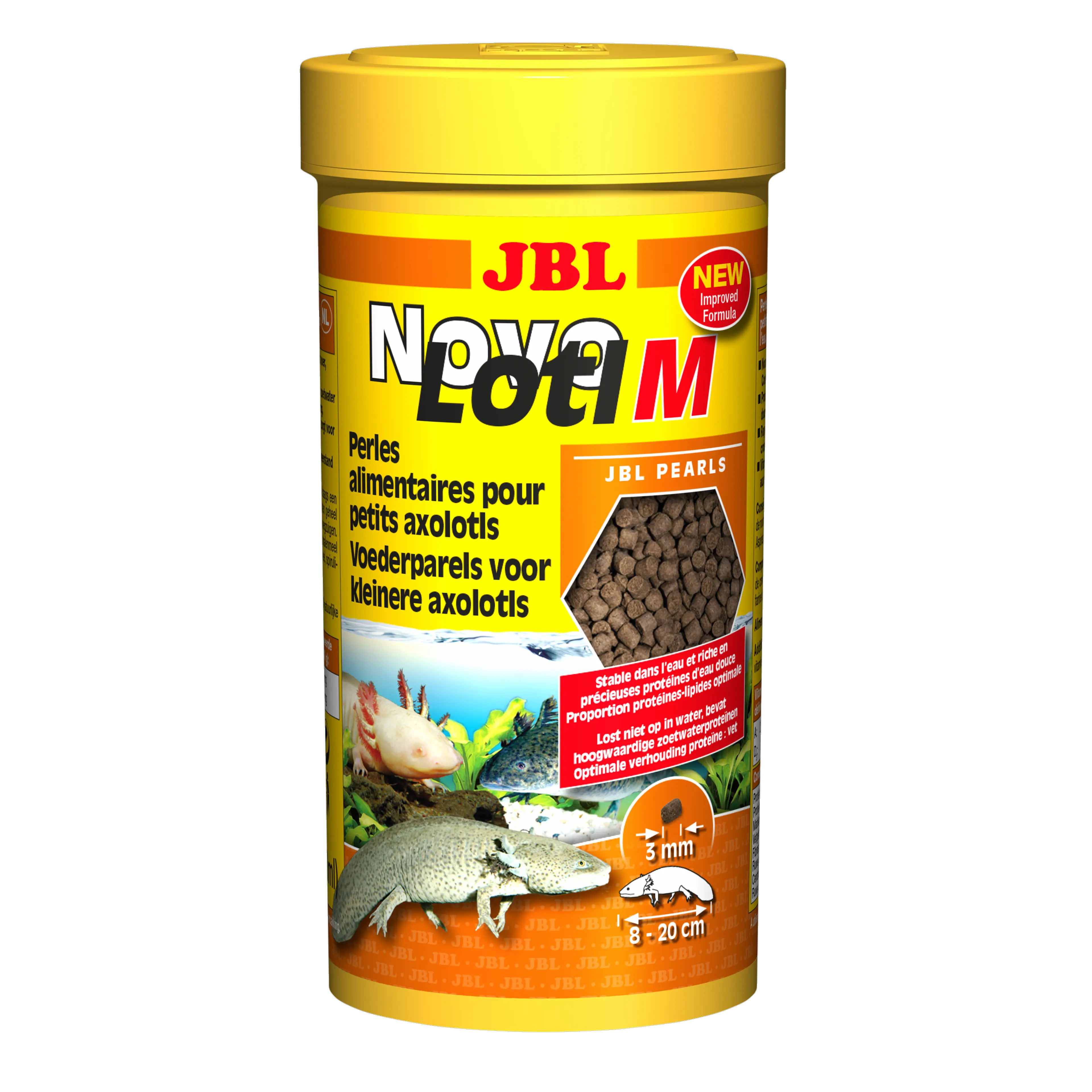 Alimentation complète et croissance optimale avec des granulés de 3 mm pour axolotls, tritons et grenouilles naines de 8 à 20 cm.