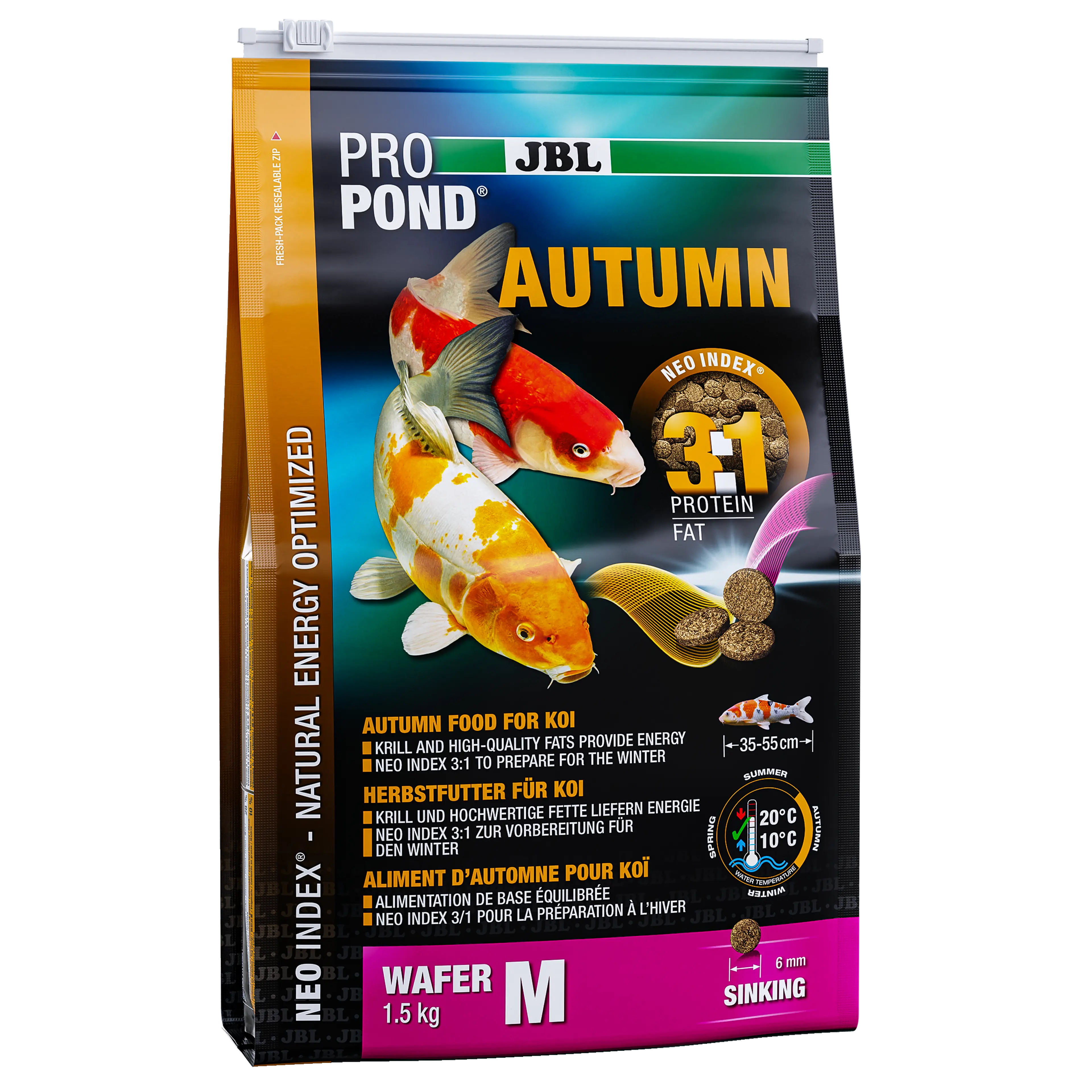 Complete feed with the correct protein-fat ratio of 3:1 according to the NEO Index, which takes into account water temperature, function, animal size and age.