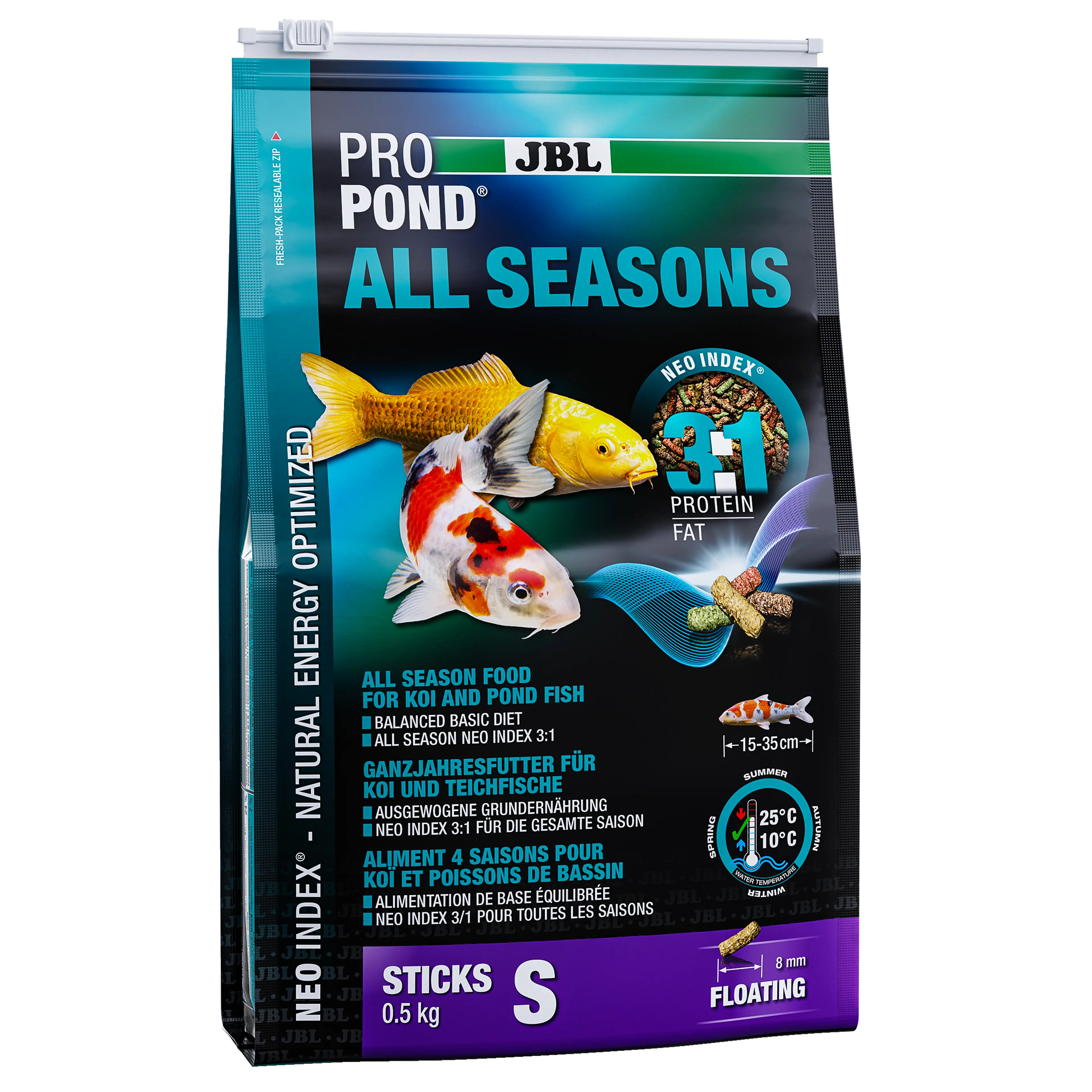 Complete feed with the correct protein-fat ratio of 3:1 according to the NEO Index, which takes into account water temperature, function, animal size and age.