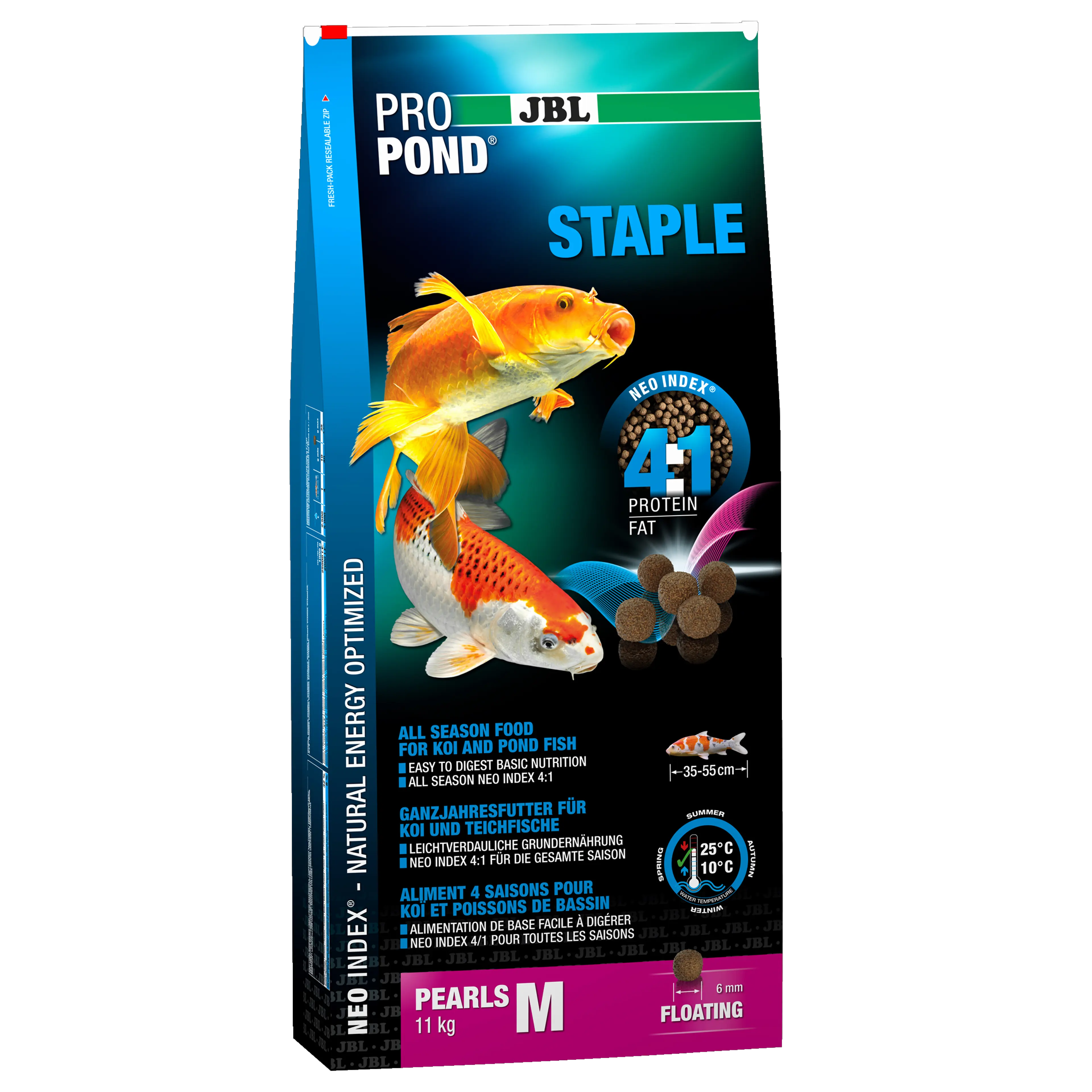 High-quality, floating pellets with a diameter of 6 mm for year-round feeding at water temperatures of 10–25 °C.