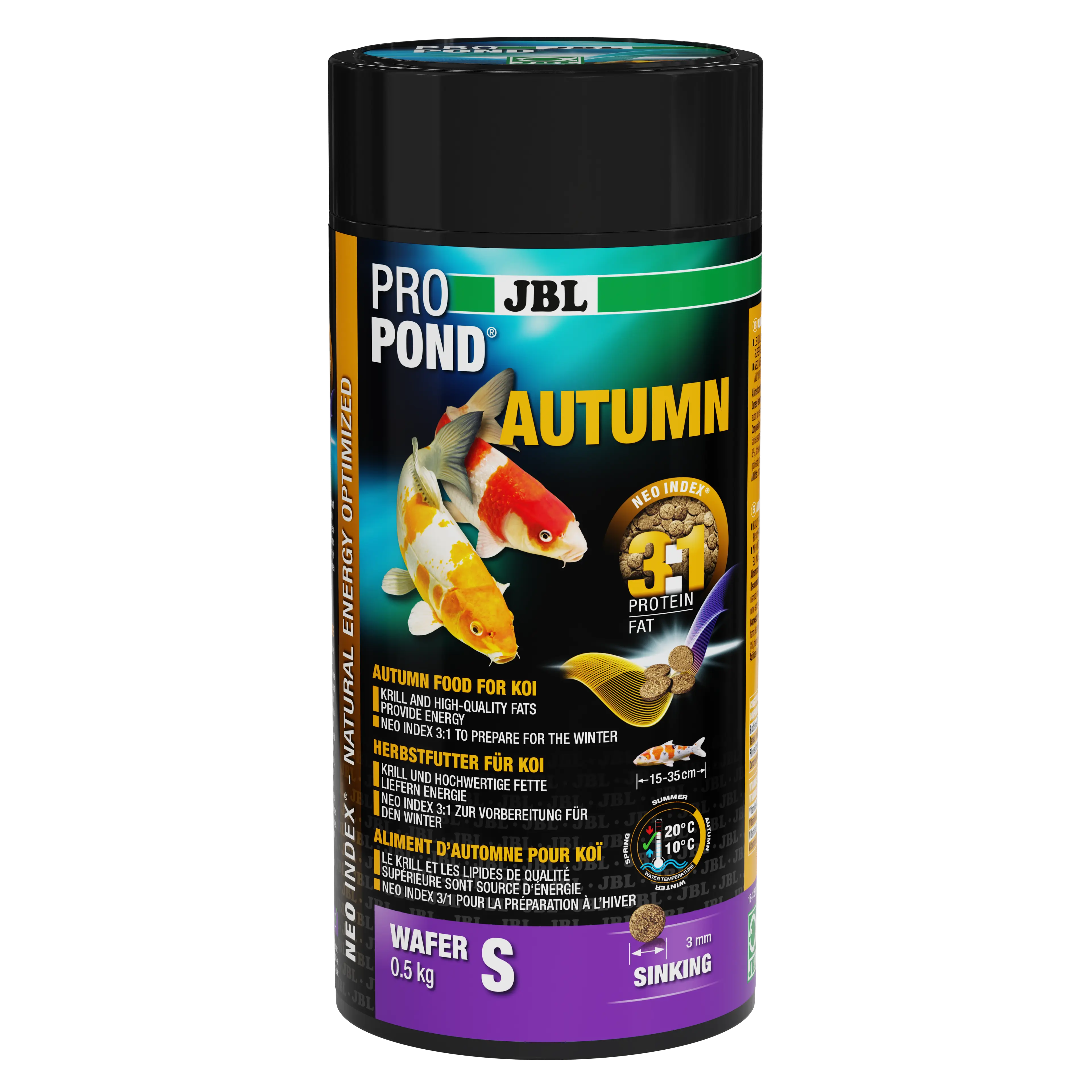 Complete feed with the correct protein-fat ratio of 3:1 according to the NEO Index, which takes into account water temperature, function, animal size and age.