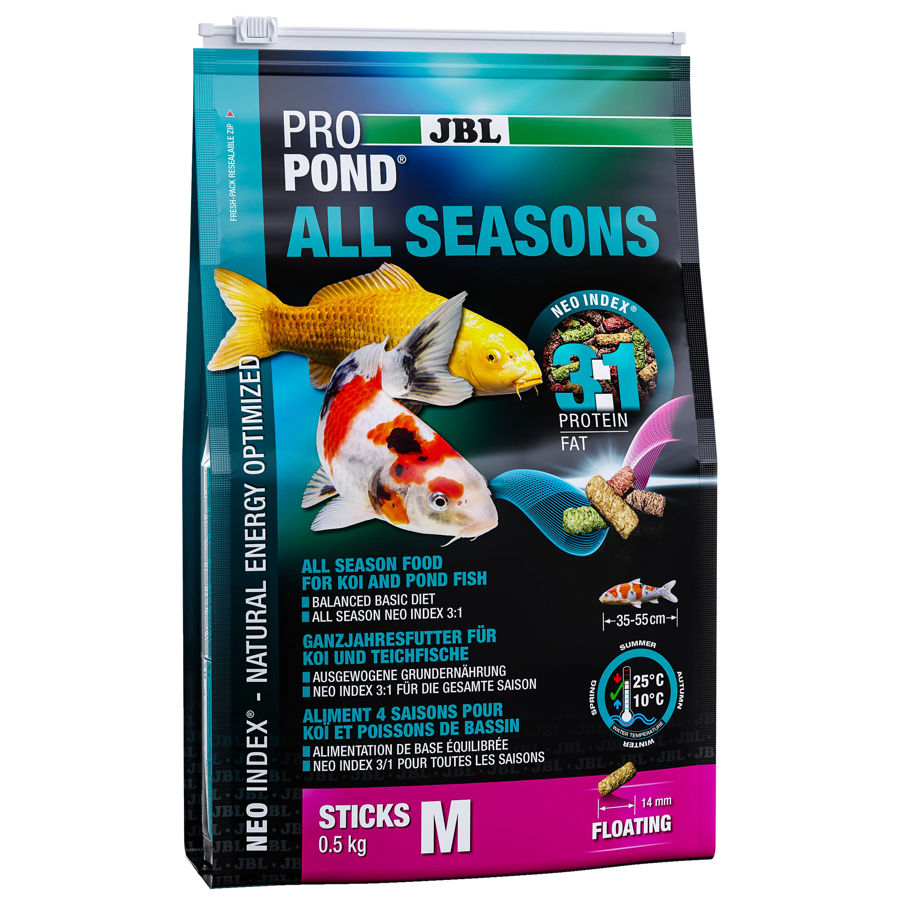 Complete feed with the correct protein-fat ratio of 3:1 according to the NEO Index, which takes into account water temperature, function, animal size and age.