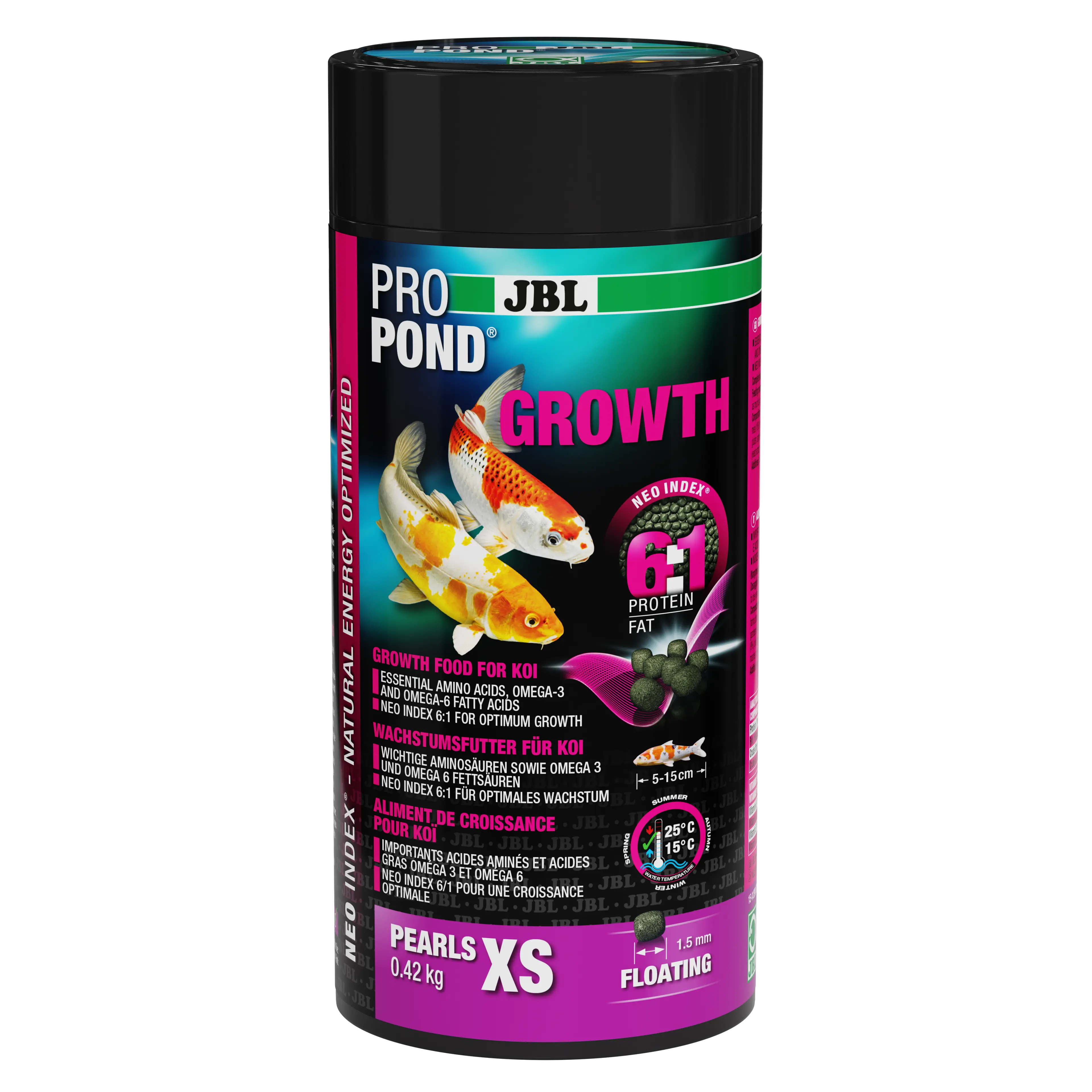 Complete food with the correct protein-fat ratio of 6:1 according to the NEO Index, which takes into account water temperature, function, animal size and age.